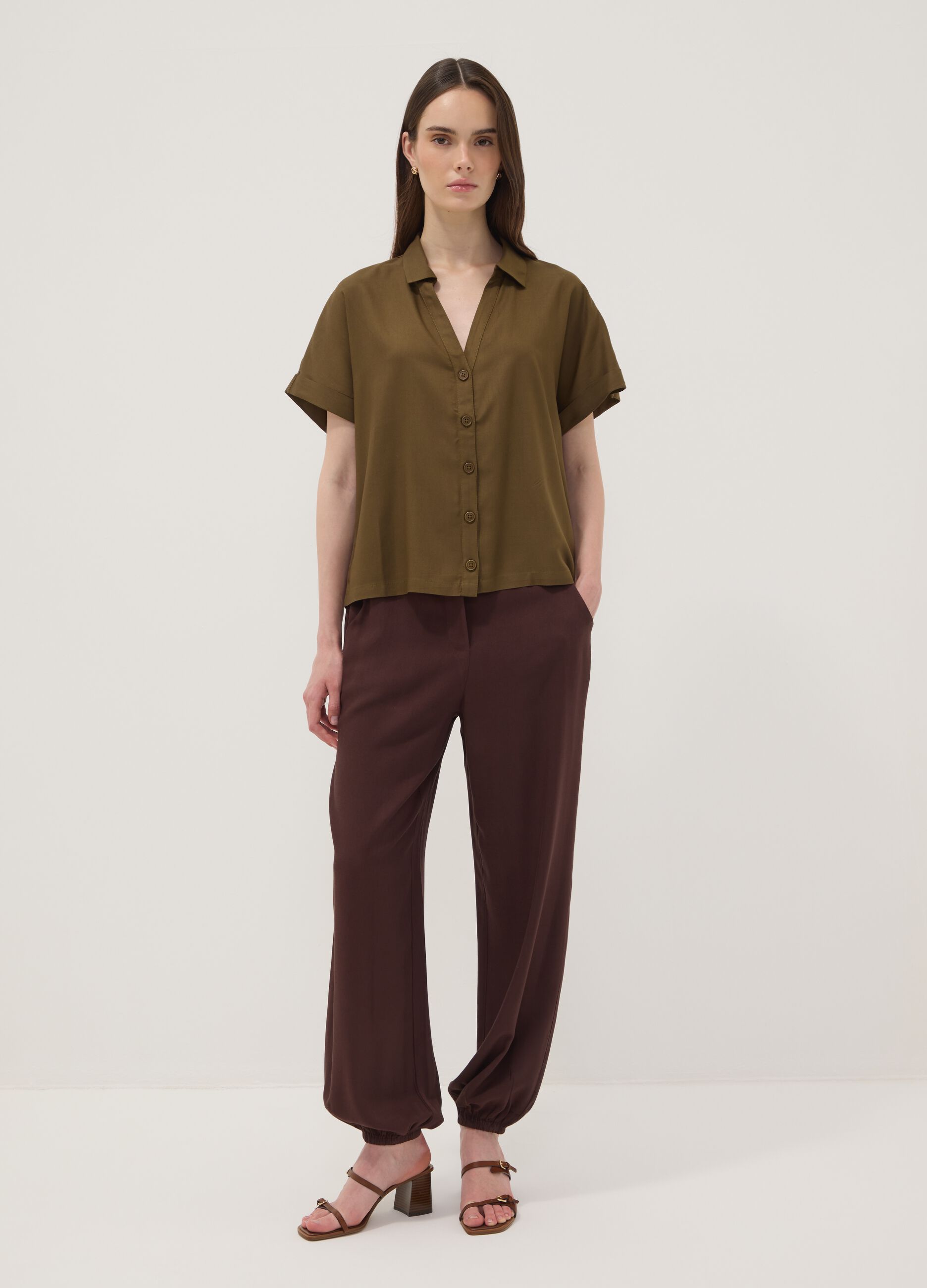 Green short-sleeve pure viscose shirt with oversized fit