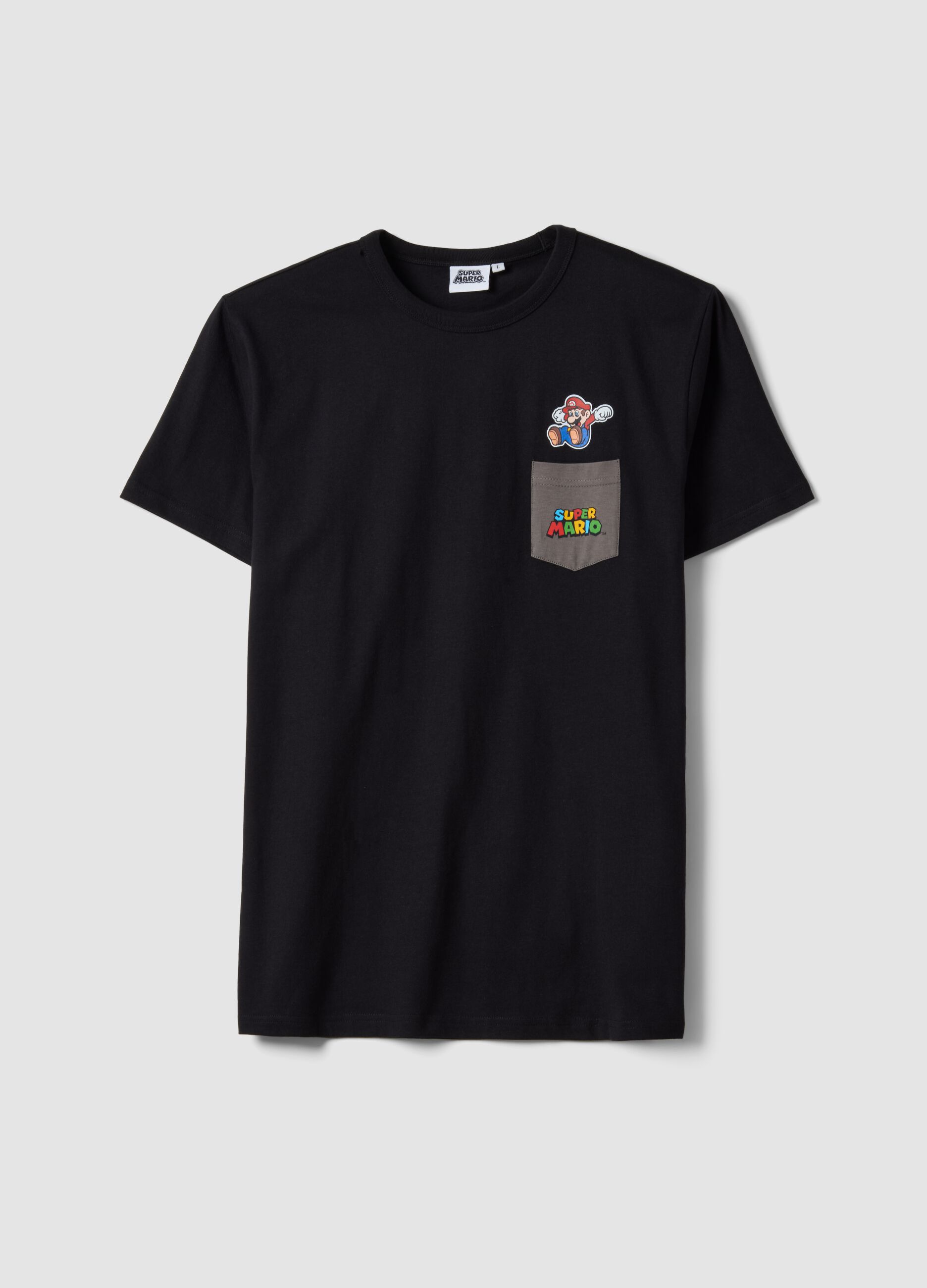 Black pure cotton regular fit T-shirt with Super Mario print
