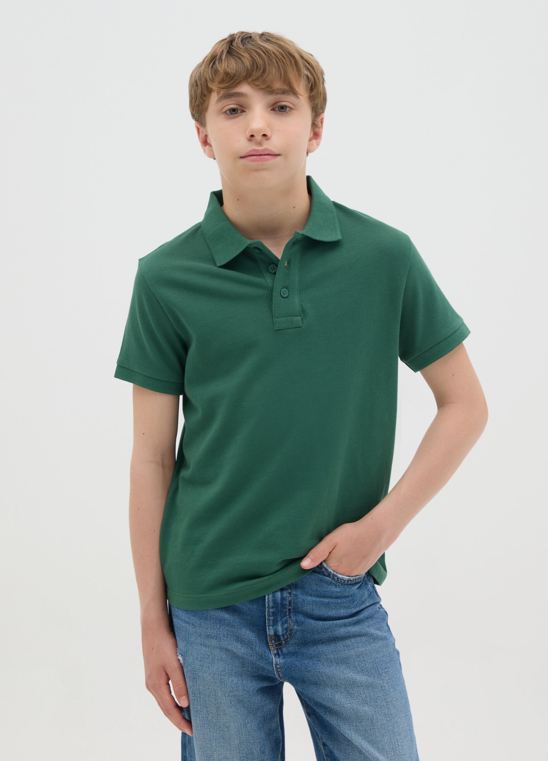 Green short sleeve polo shirt in organic cotton