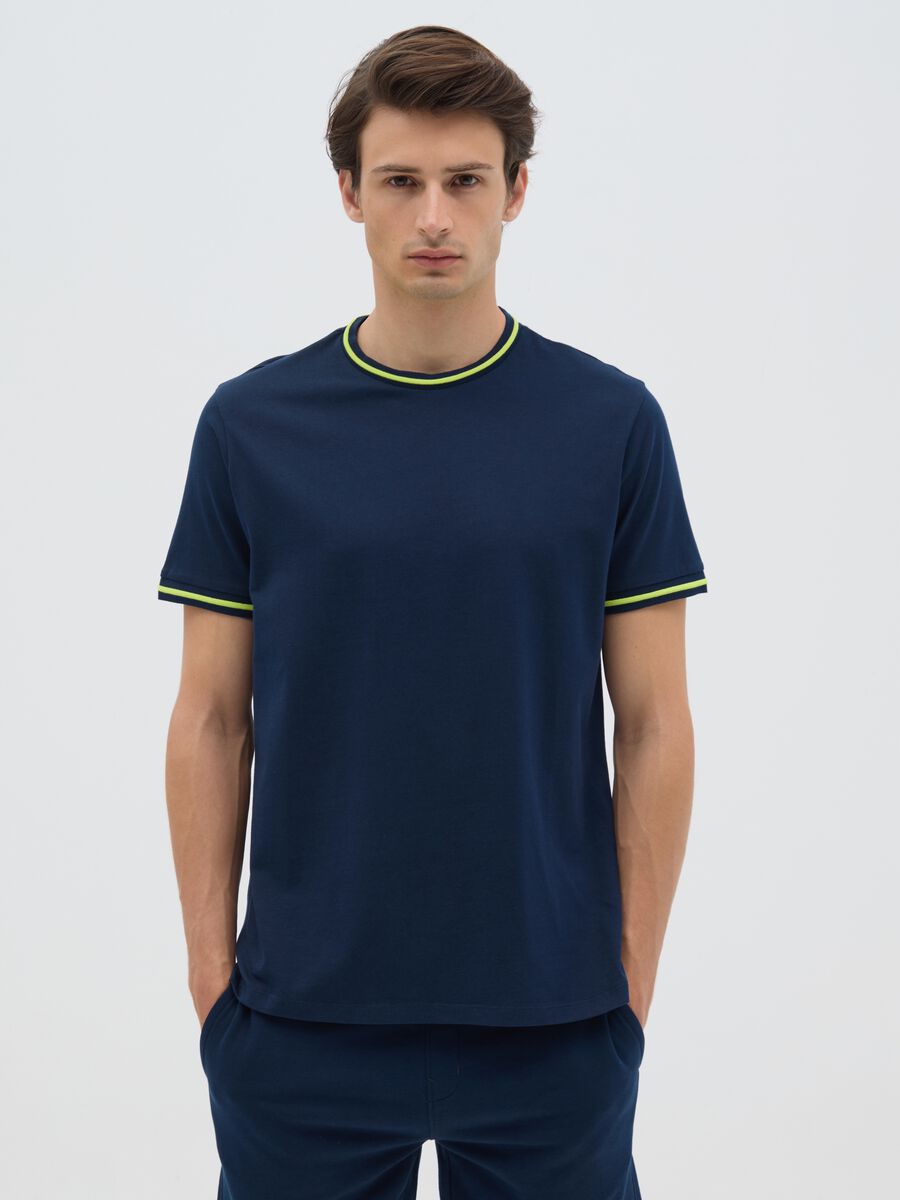 Men's pure cotton dark blue regular fit t-shirt with neon details_0