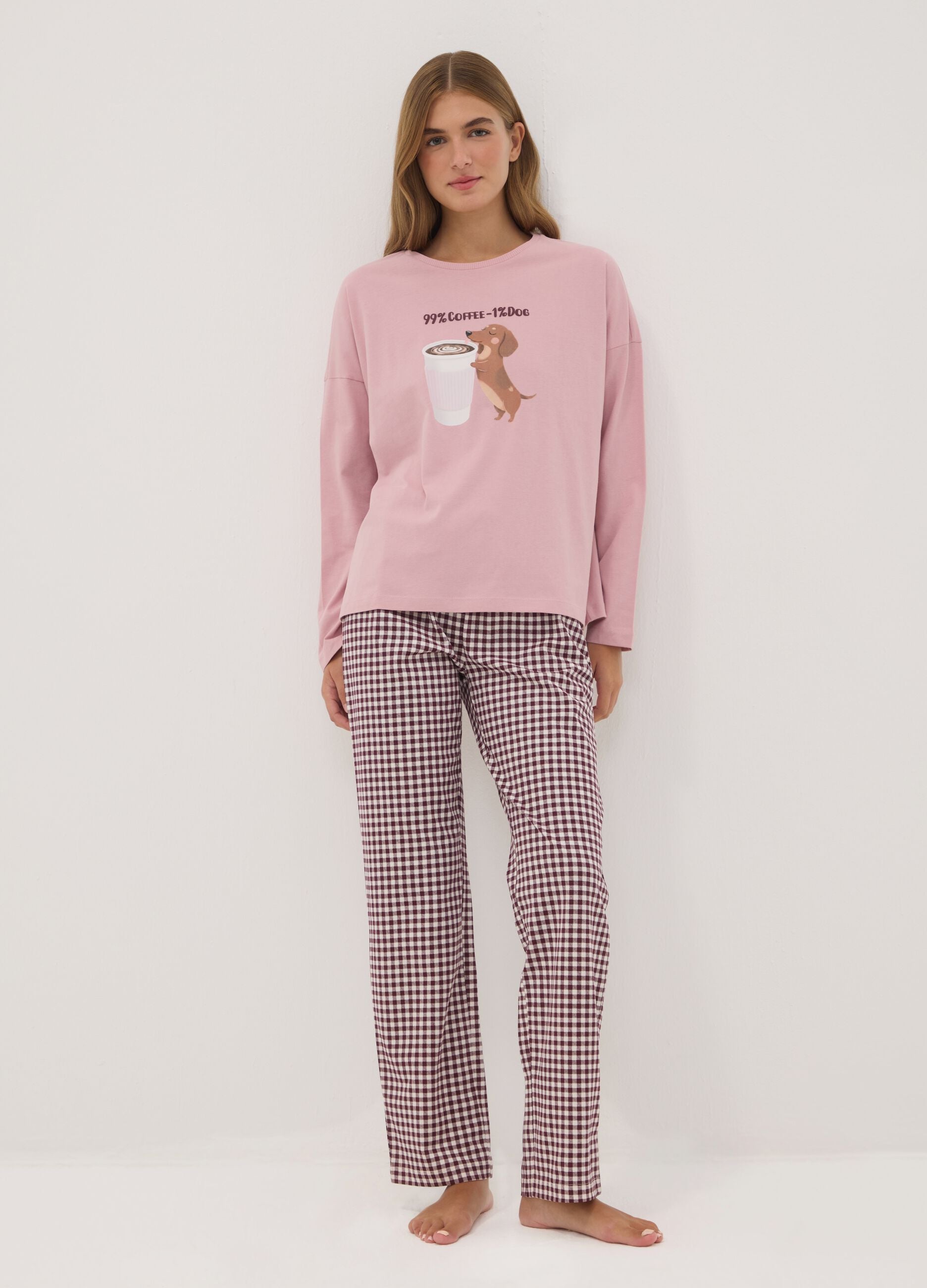 Pink pure organic cotton crew-neck pyjamas