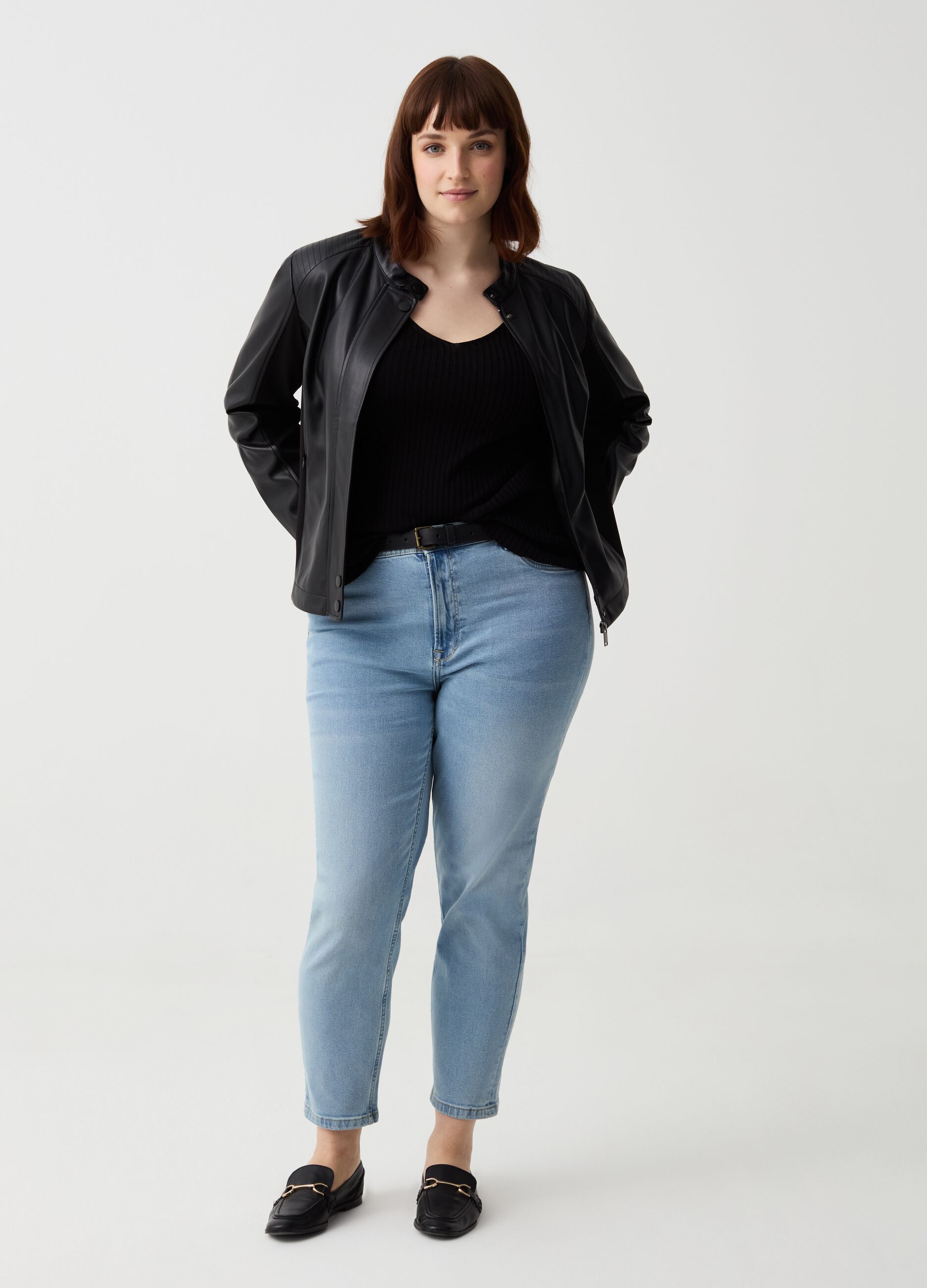 Curvy glossy-effect biker jacket