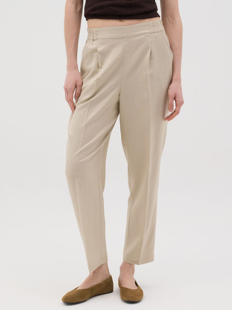 Women's beige straight trousers in viscose and linen blend_1