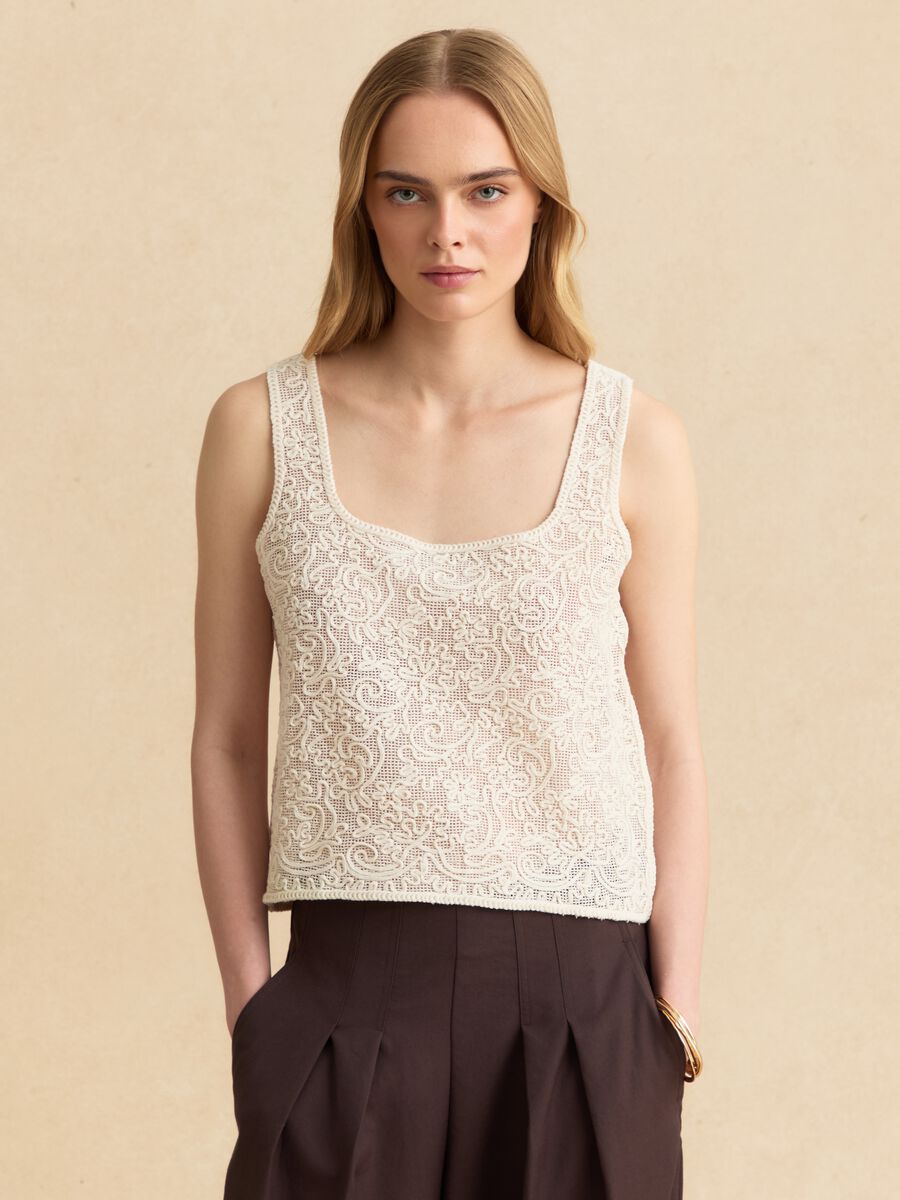 Beige cotton-blend regular-fit tank top with embroidery and mesh_1