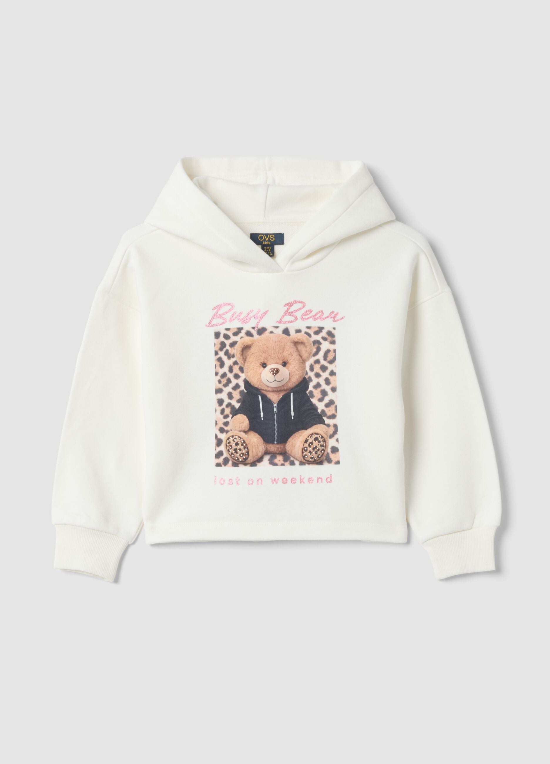 White hooded sweatshirt with teddy bear print in cotton blend