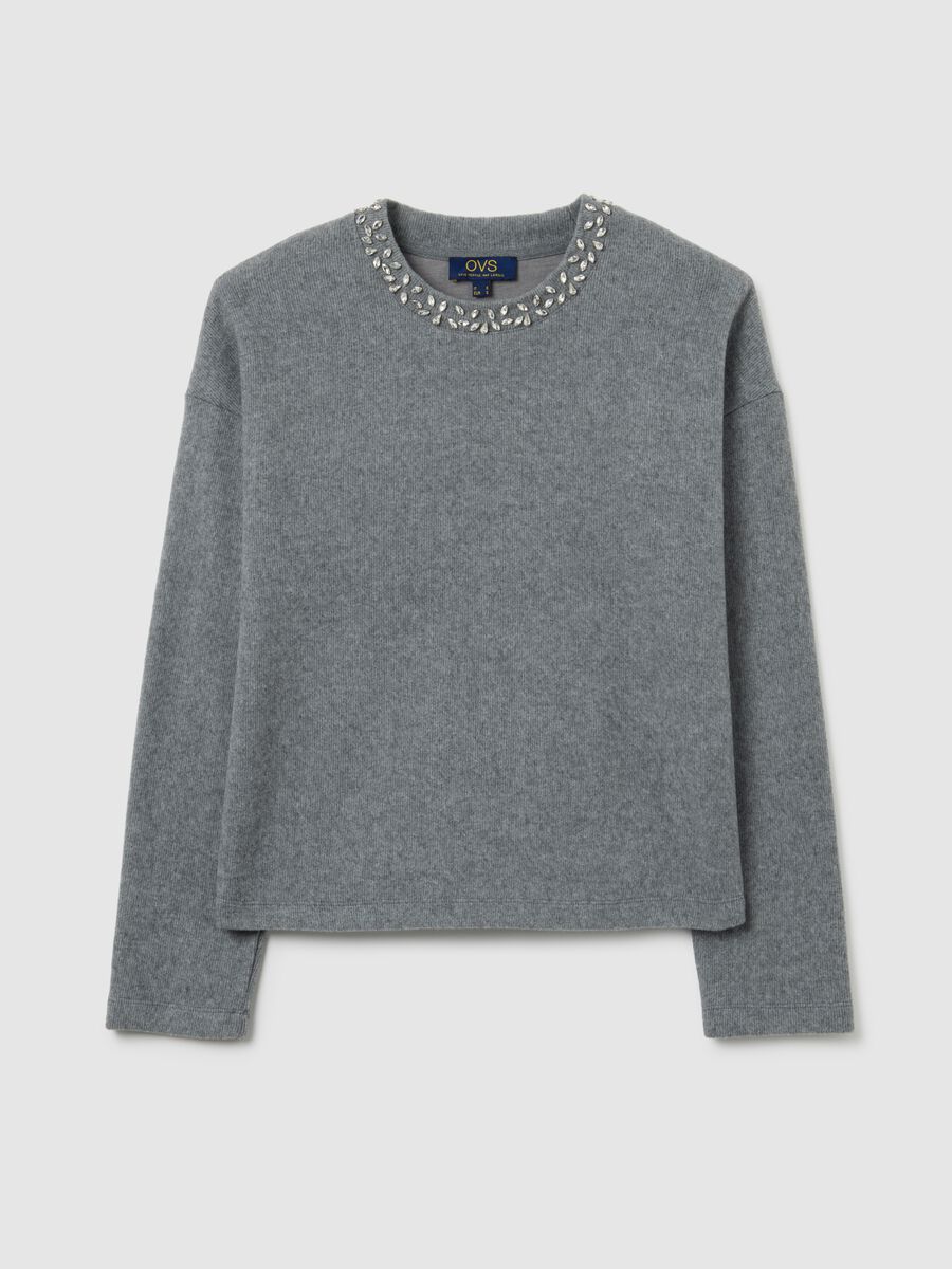 Maglia grigia in misto cotone regular fit con collo decorato_4