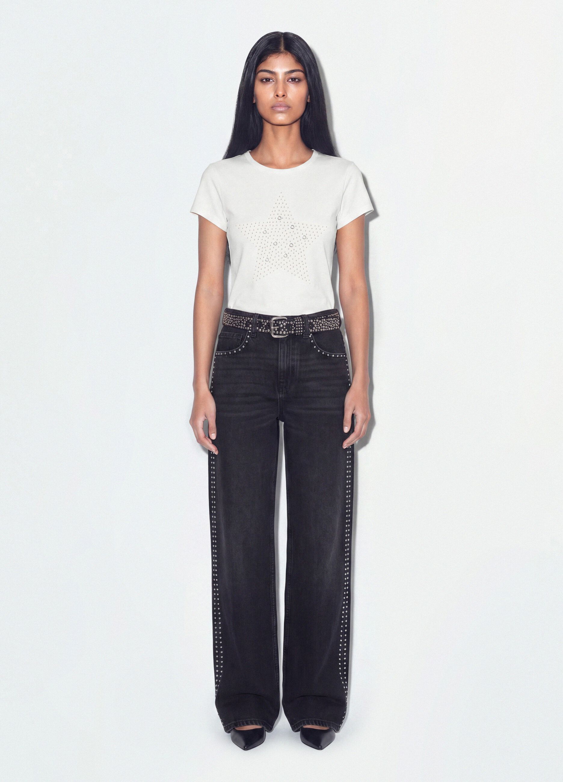 White fitted stretch-cotton T-shirt with rhinestone embellishment