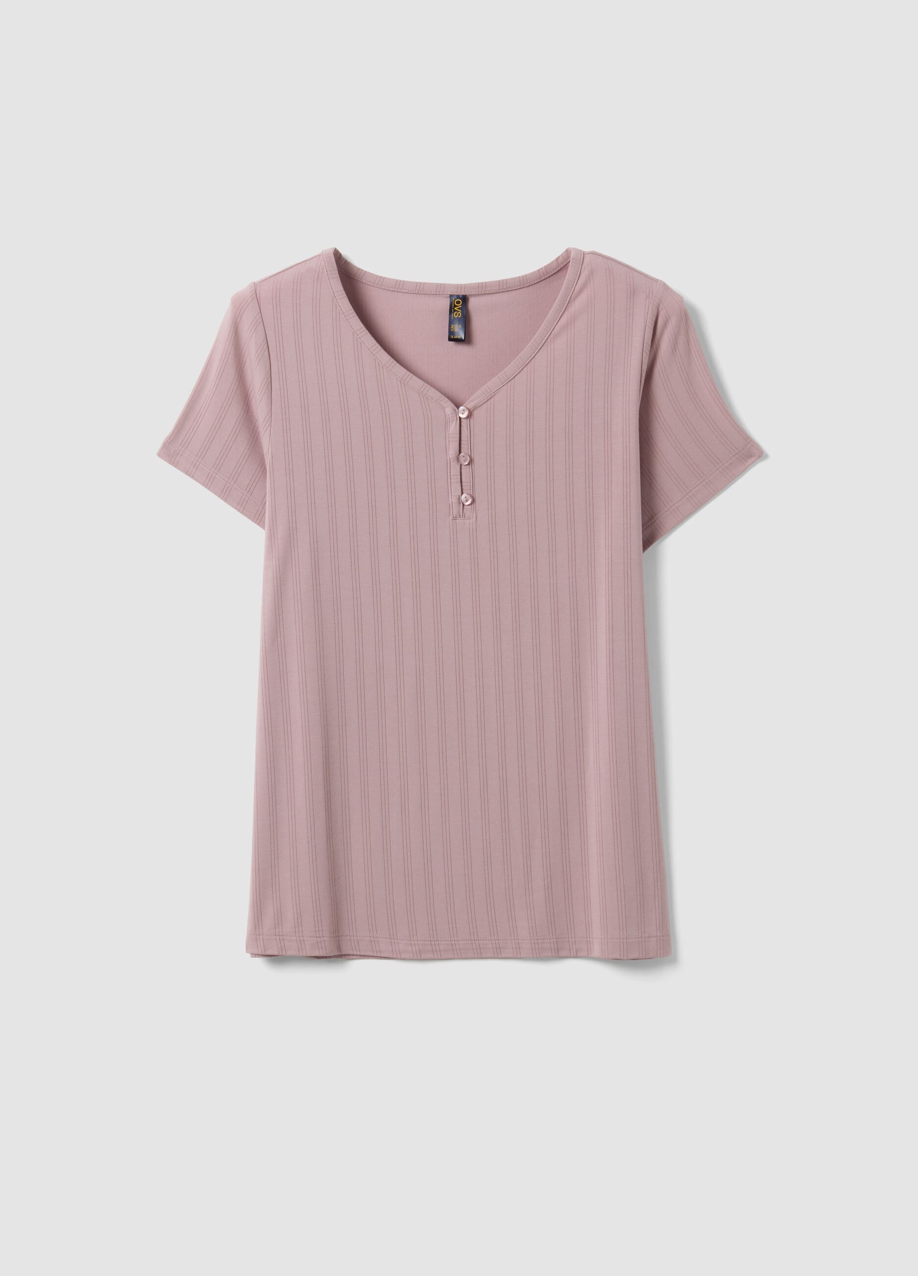 Purple stretch viscose pyjama T-shirt with V-neck