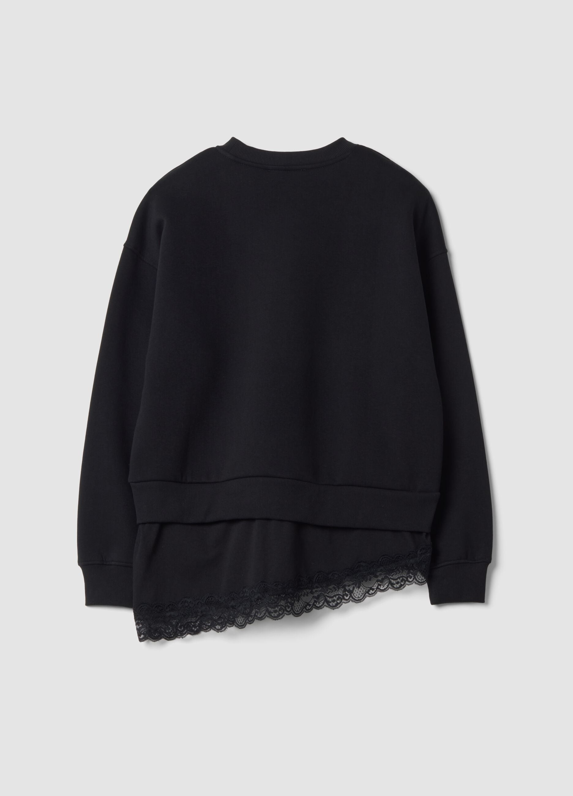 Black cotton-blend crew-neck sweatshirt with lace detail