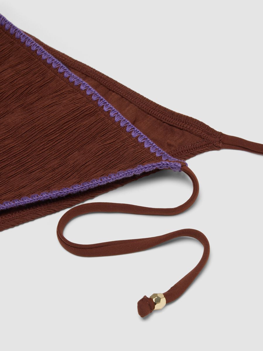 Brown triangle bikini bottoms in stretch fabric with purple trim_5