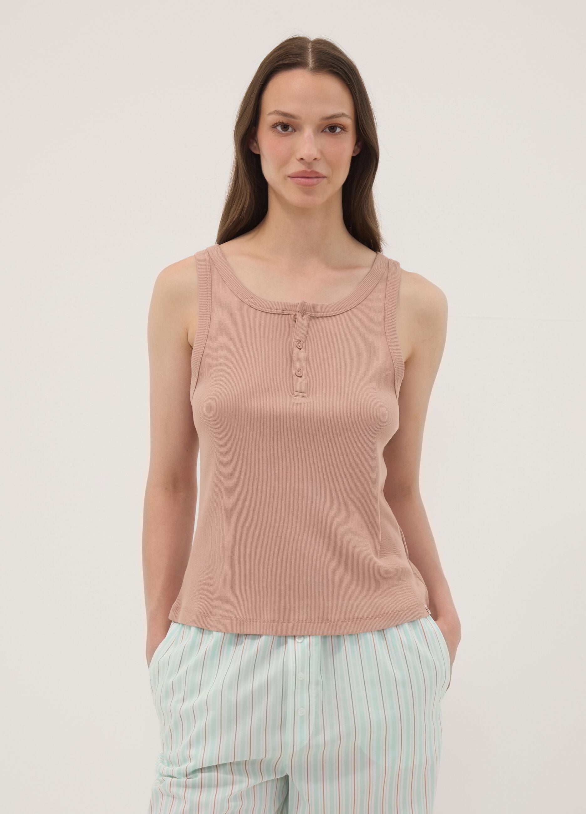 Beige ribbed cotton and viscose blend henley vest top