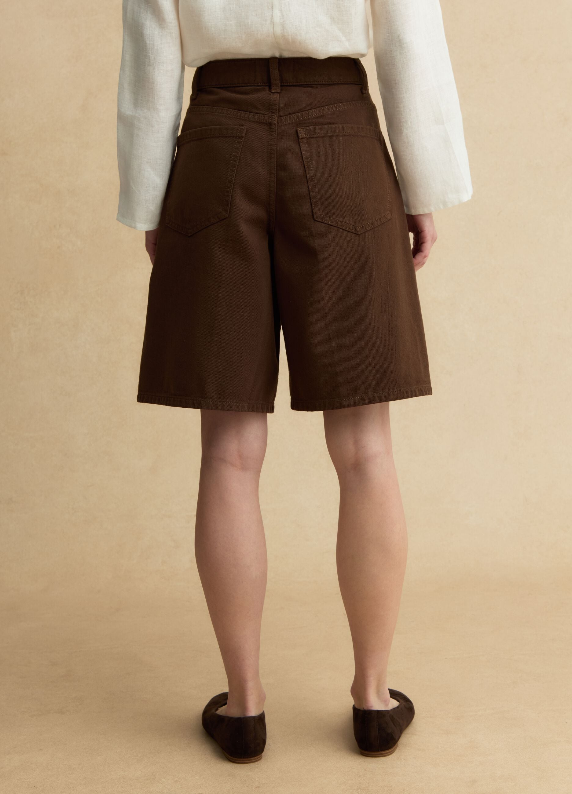 Shorts in puro cotone denim marrone wide leg
