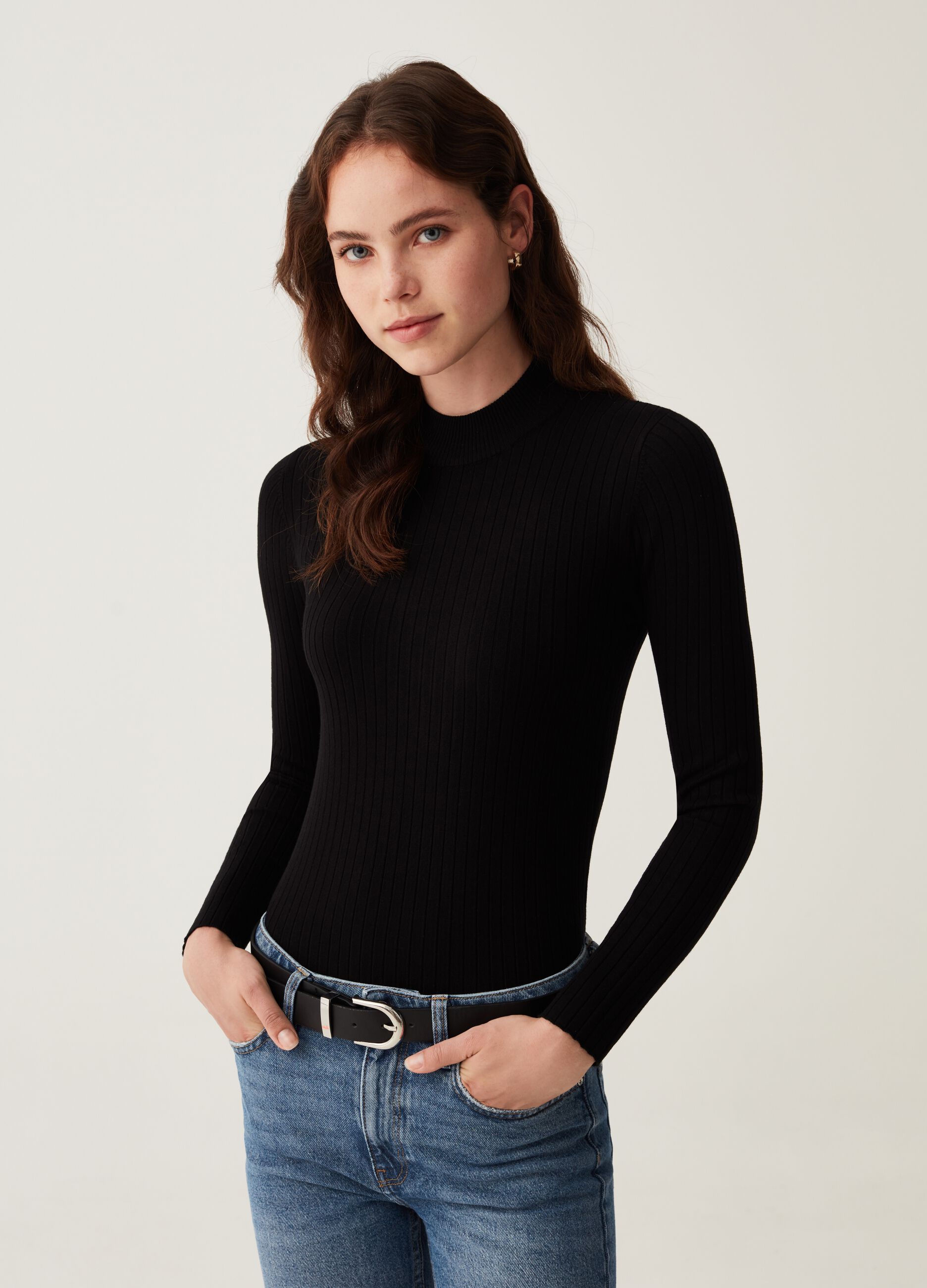 Pullover mock neck a coste piatte_0