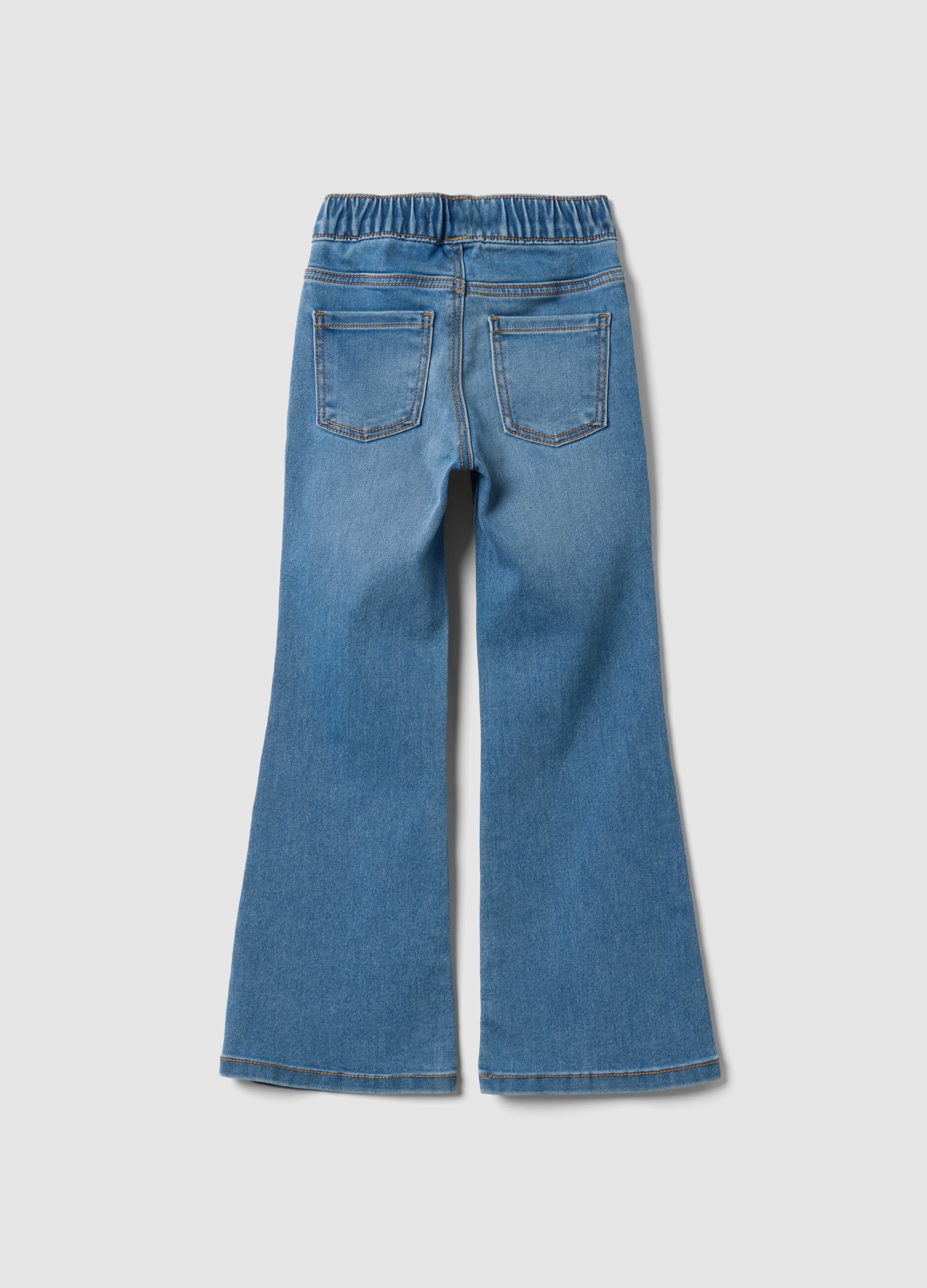 Jeggings denim in cotone elasticizzato a zampa con strass per bambina