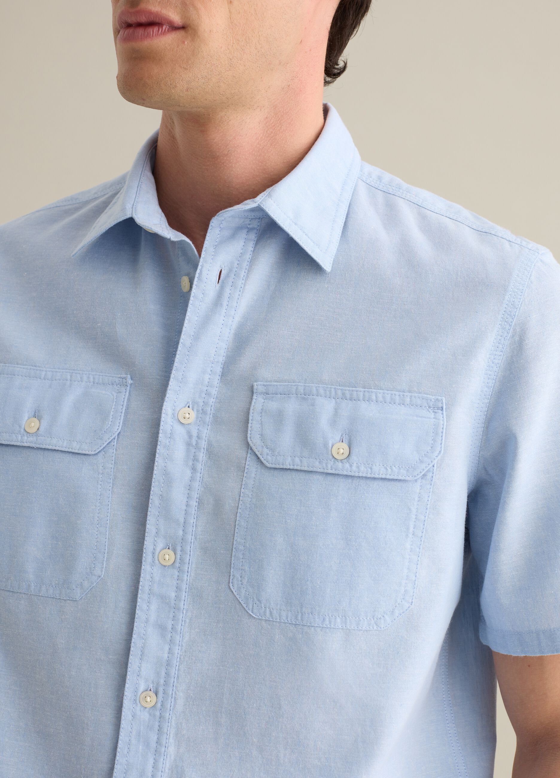 Short-Sleeved Blue Shirt in Cotton and Linen