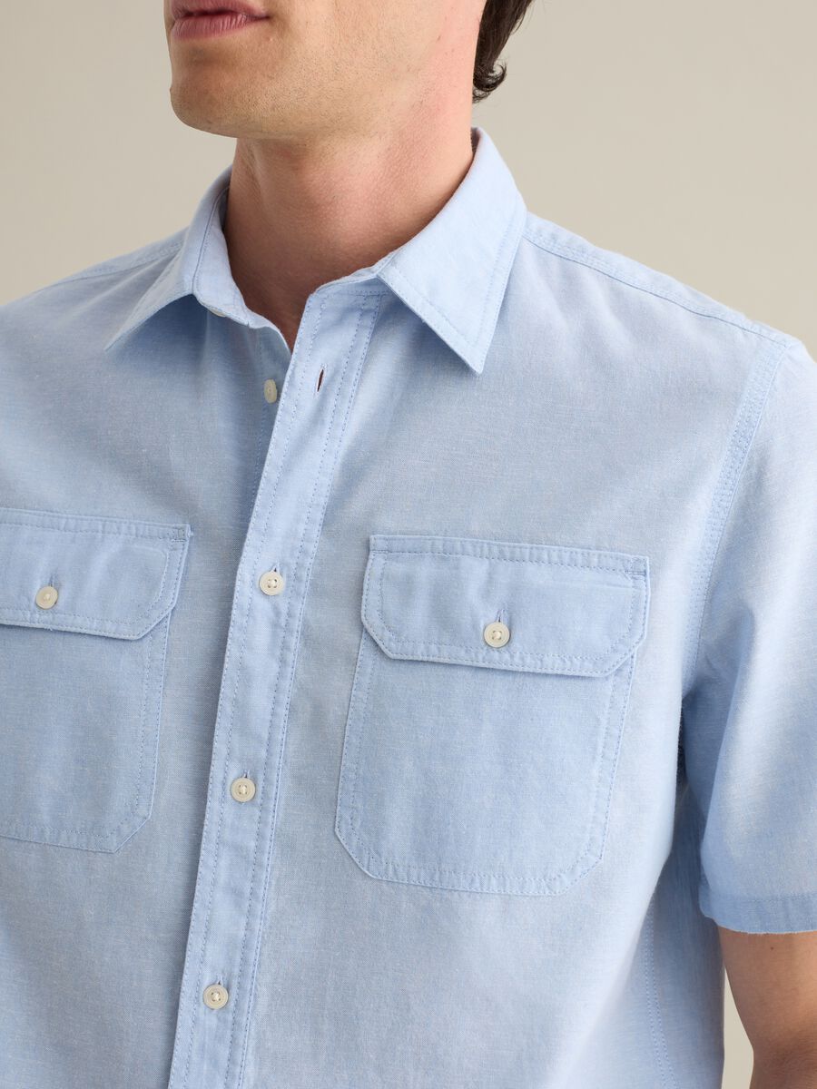 Short-Sleeved Blue Shirt in Cotton and Linen_2