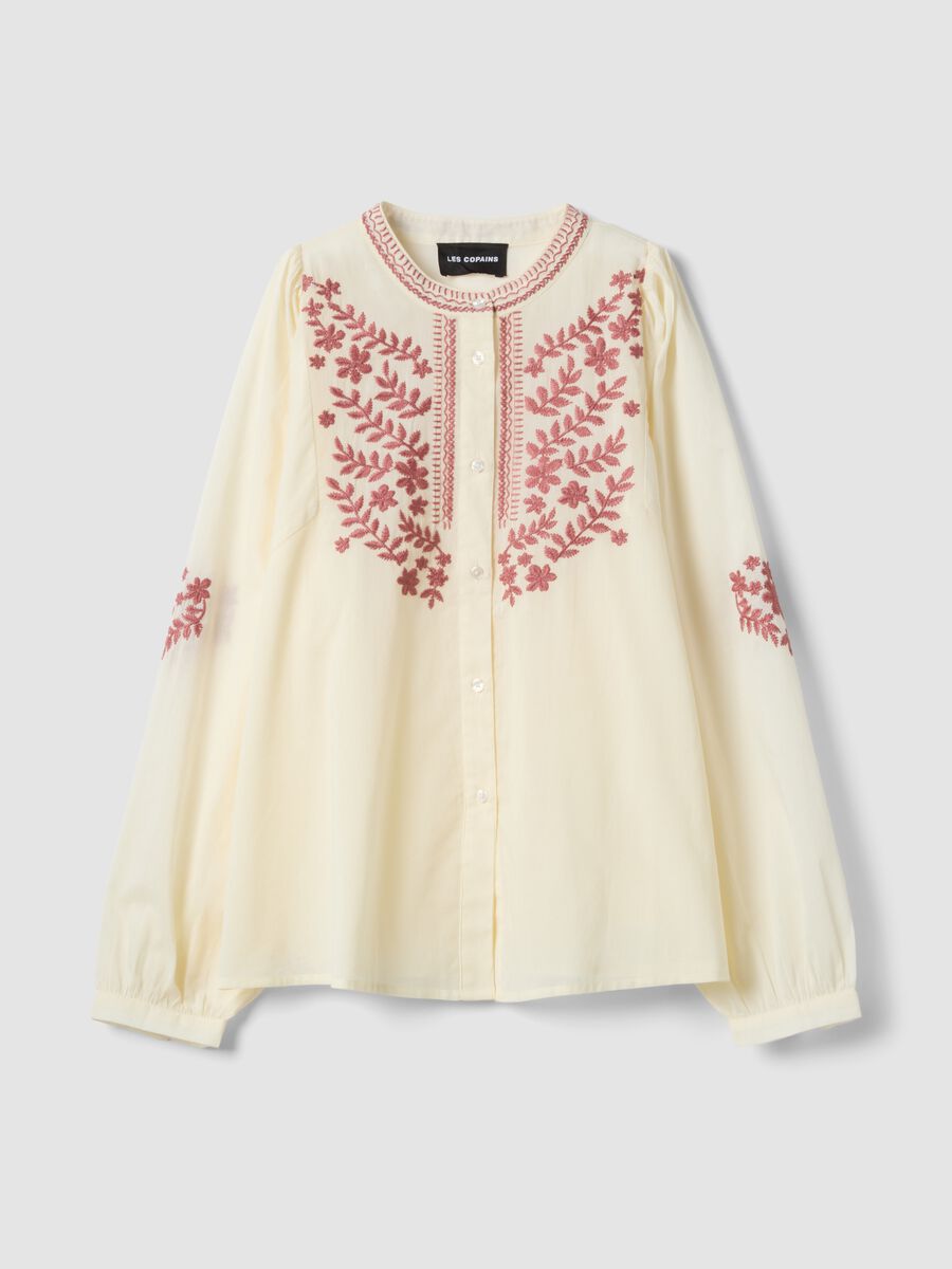 Camicia beige in puro cotone con ricami floreali_5