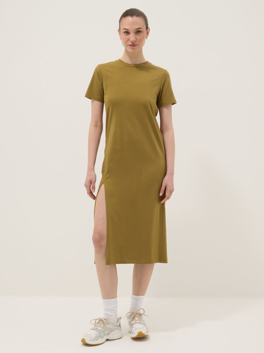 Green midi dress in stretch cotton with side slit_0
