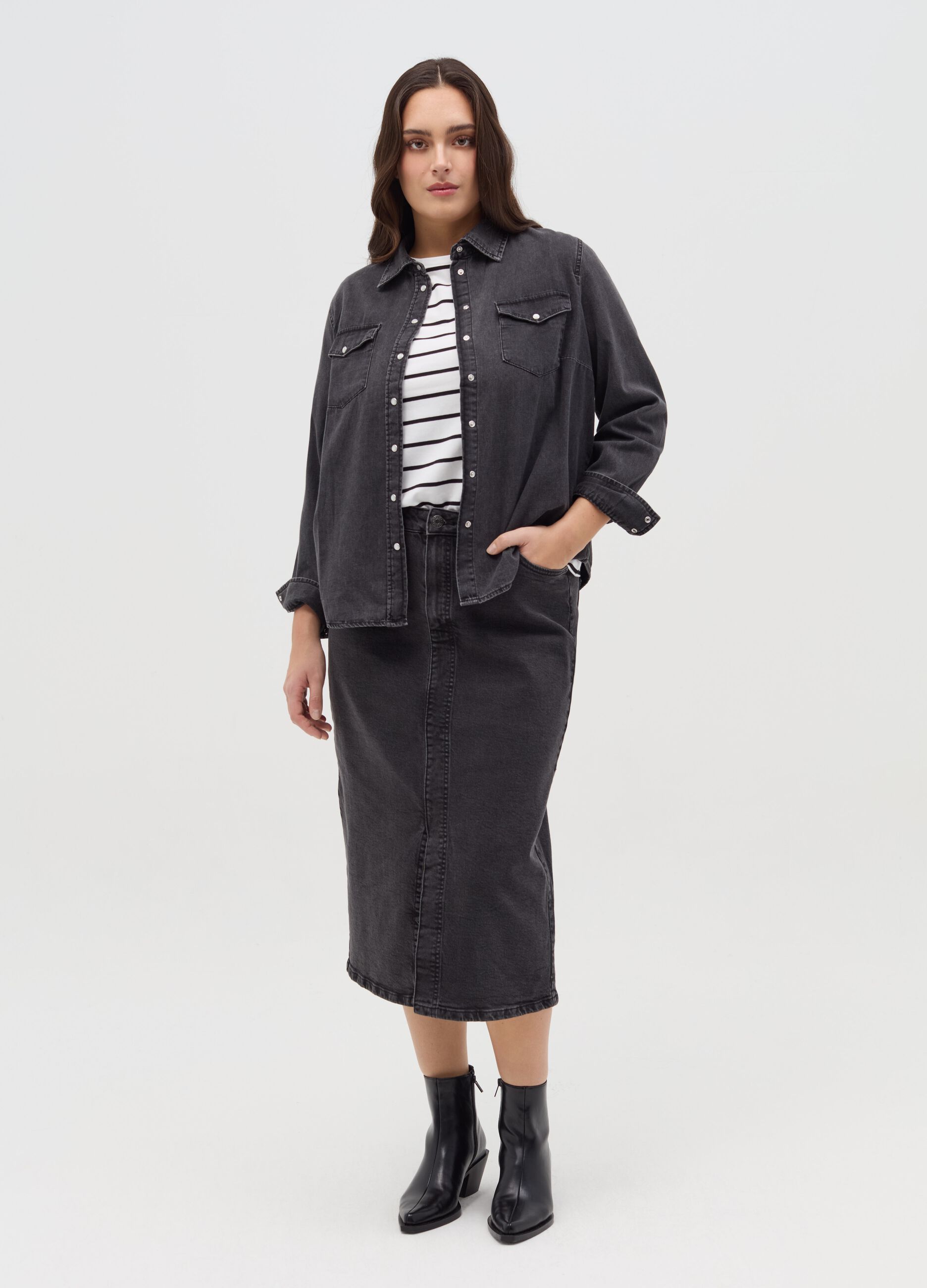 Camicia western in denim con bottoni perlati Curvy