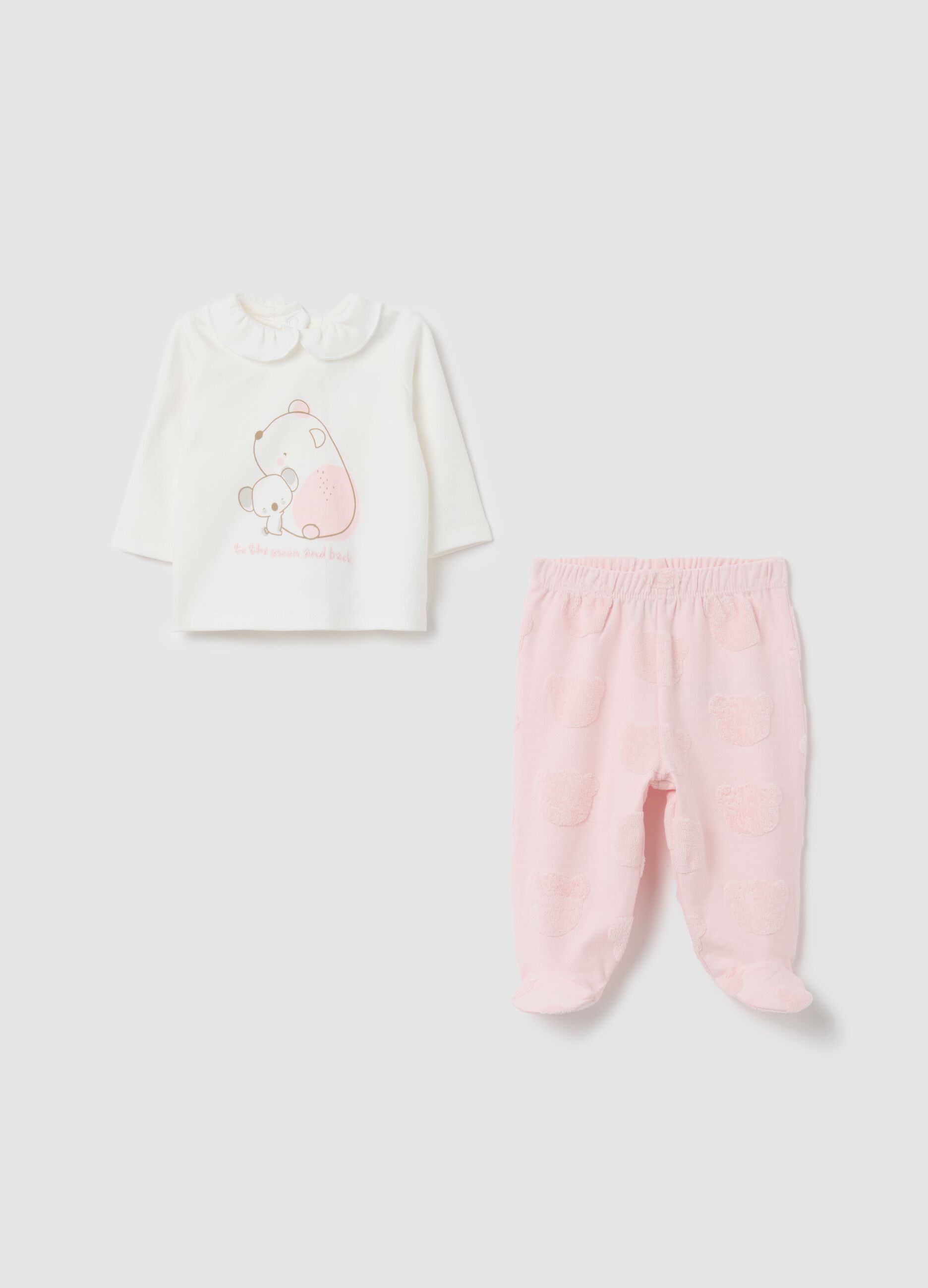 Cotton White and Pink Girl's Jumper and Trousers Set