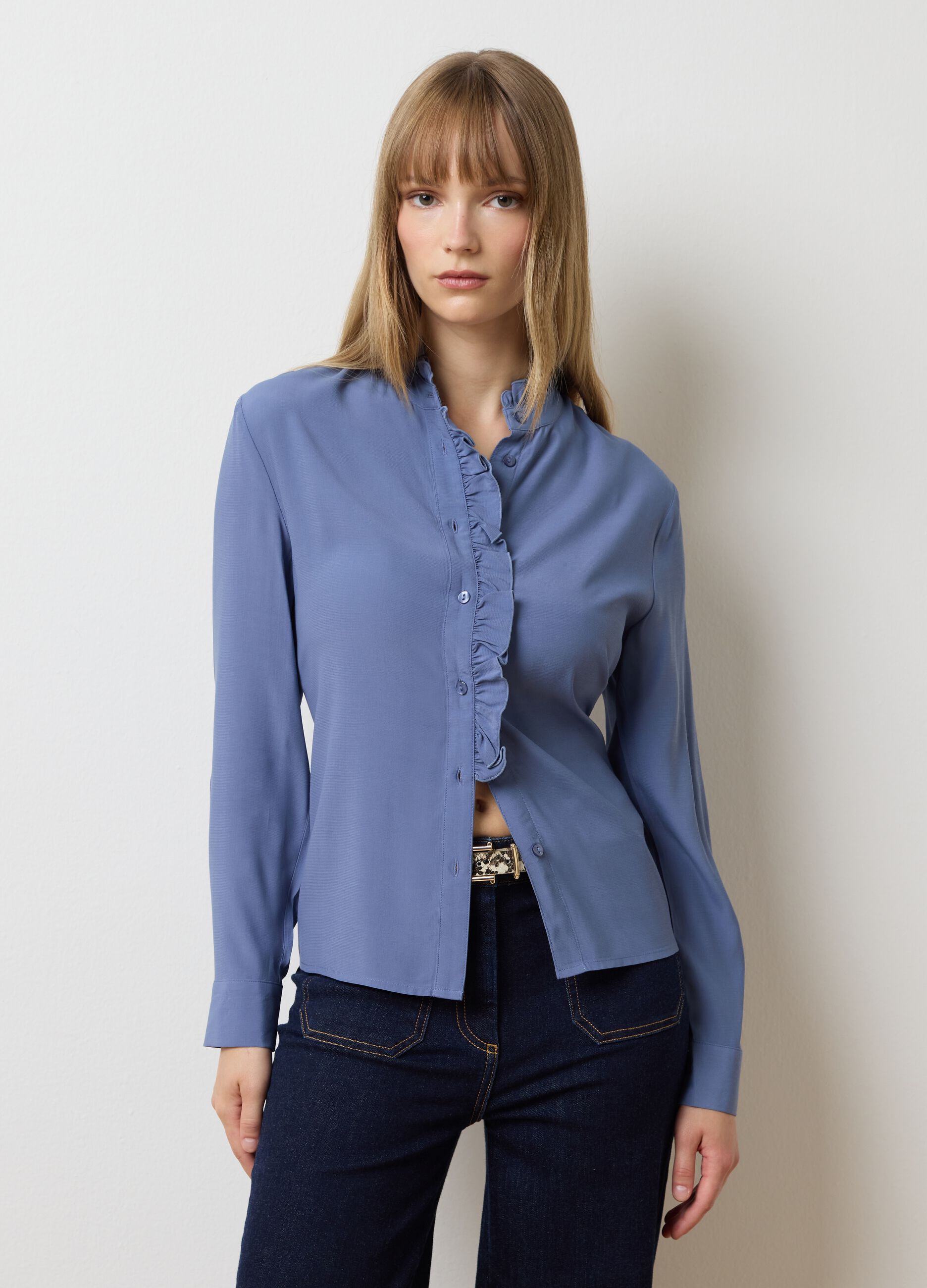 Blue regular fit shirt with ruffles