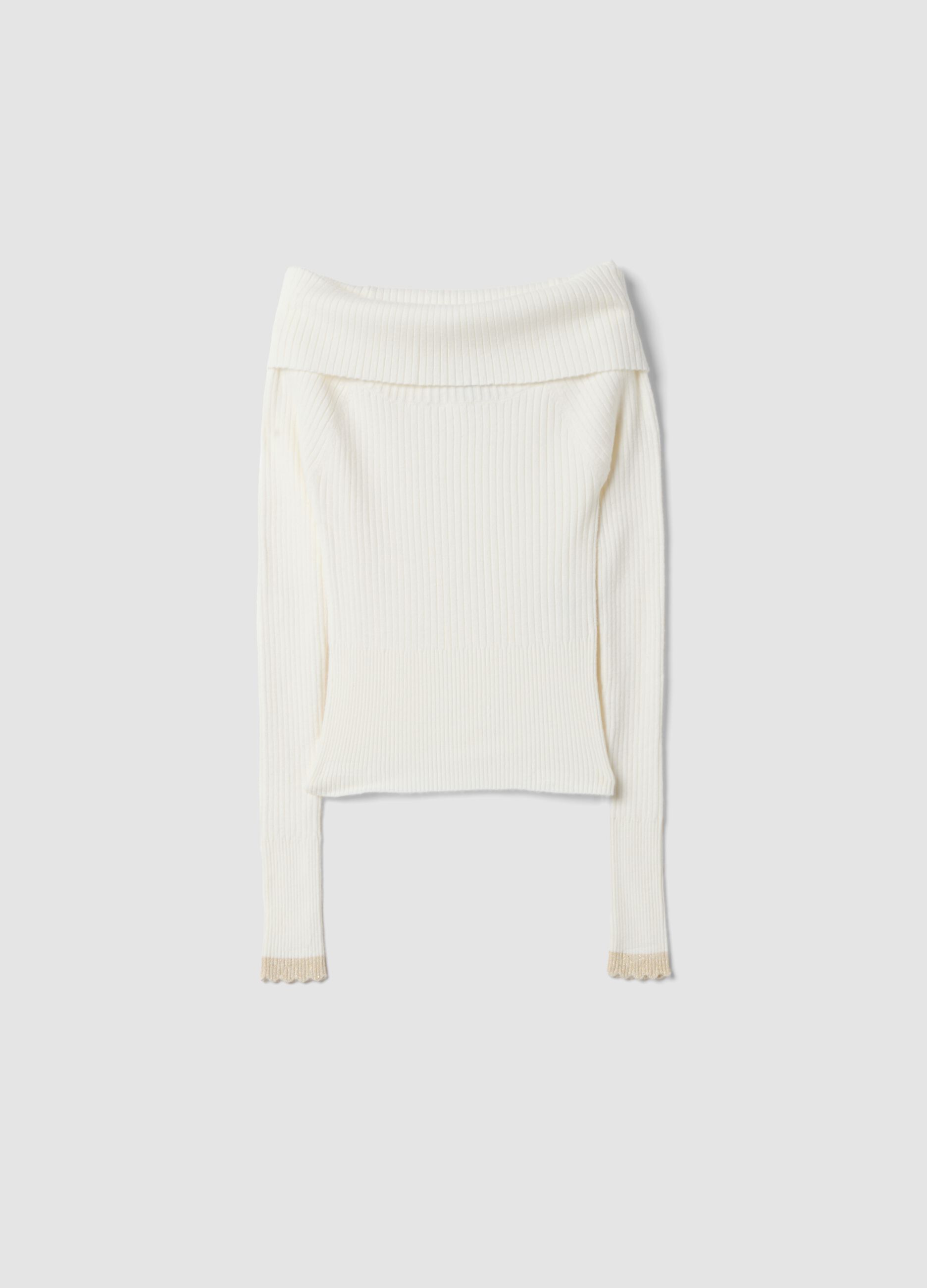 White viscose-blend fitted boat-neck top