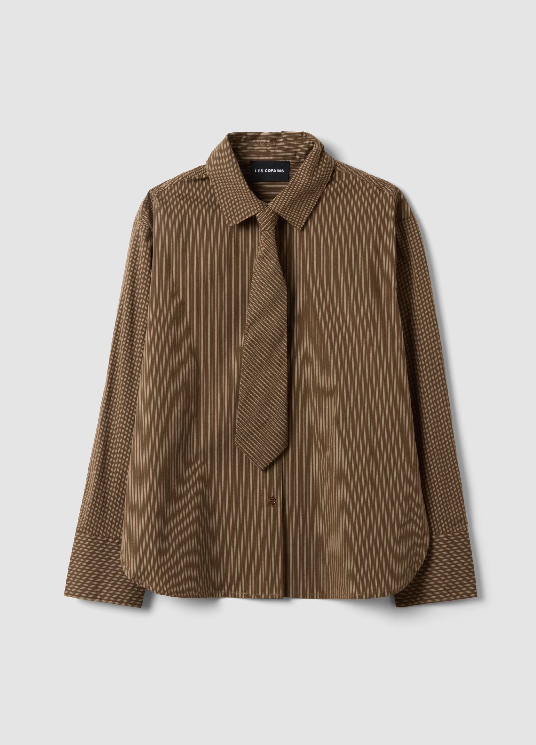 Brown striped stretch-cotton shirt with matching tie