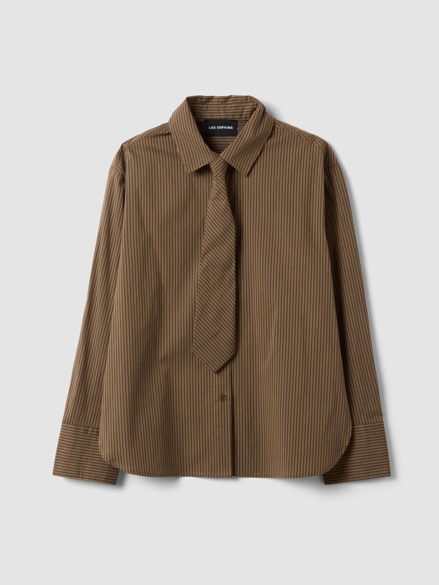 Brown striped stretch-cotton shirt with matching tie_4