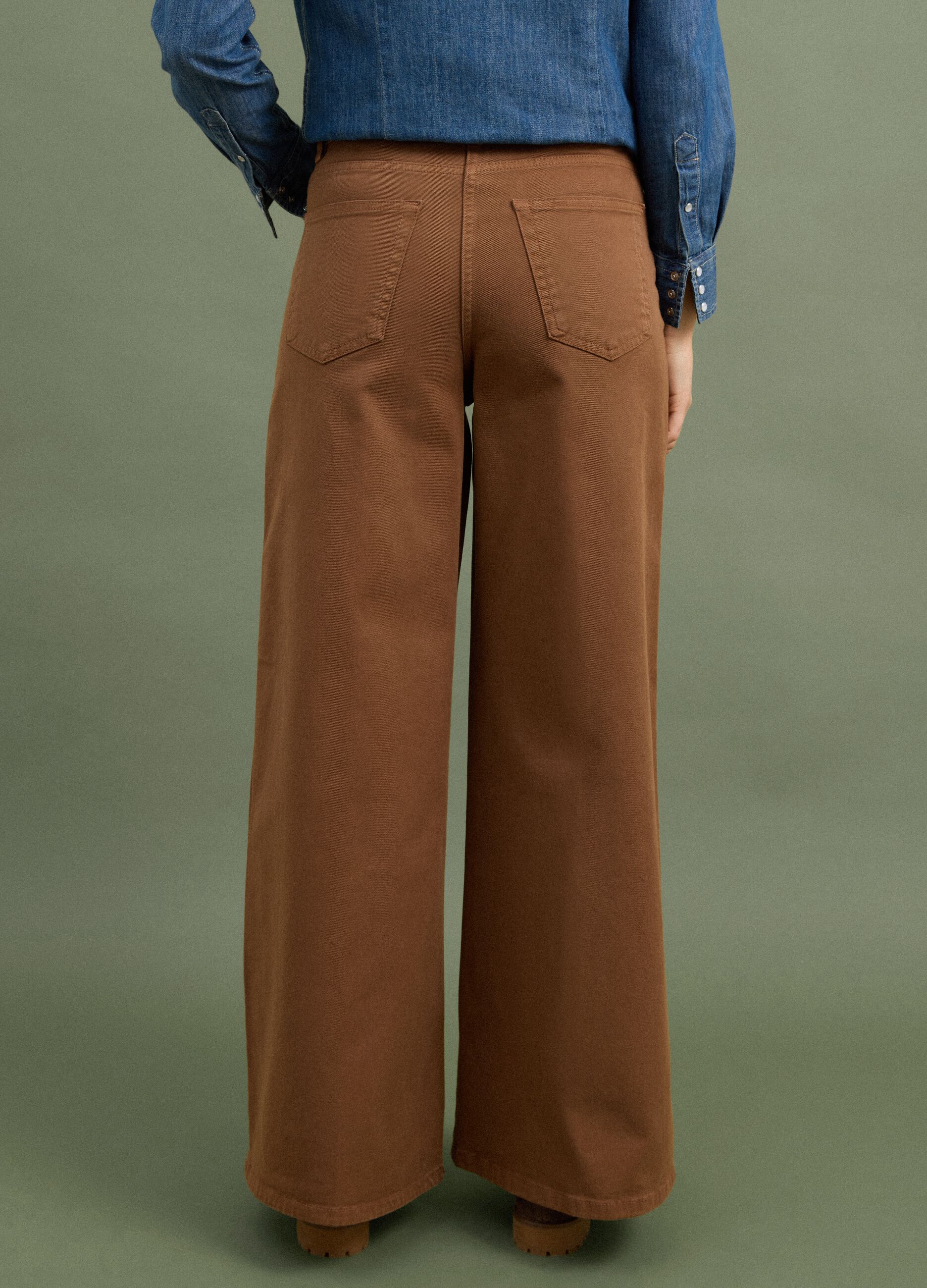 Brown wide-leg stretch cotton trousers