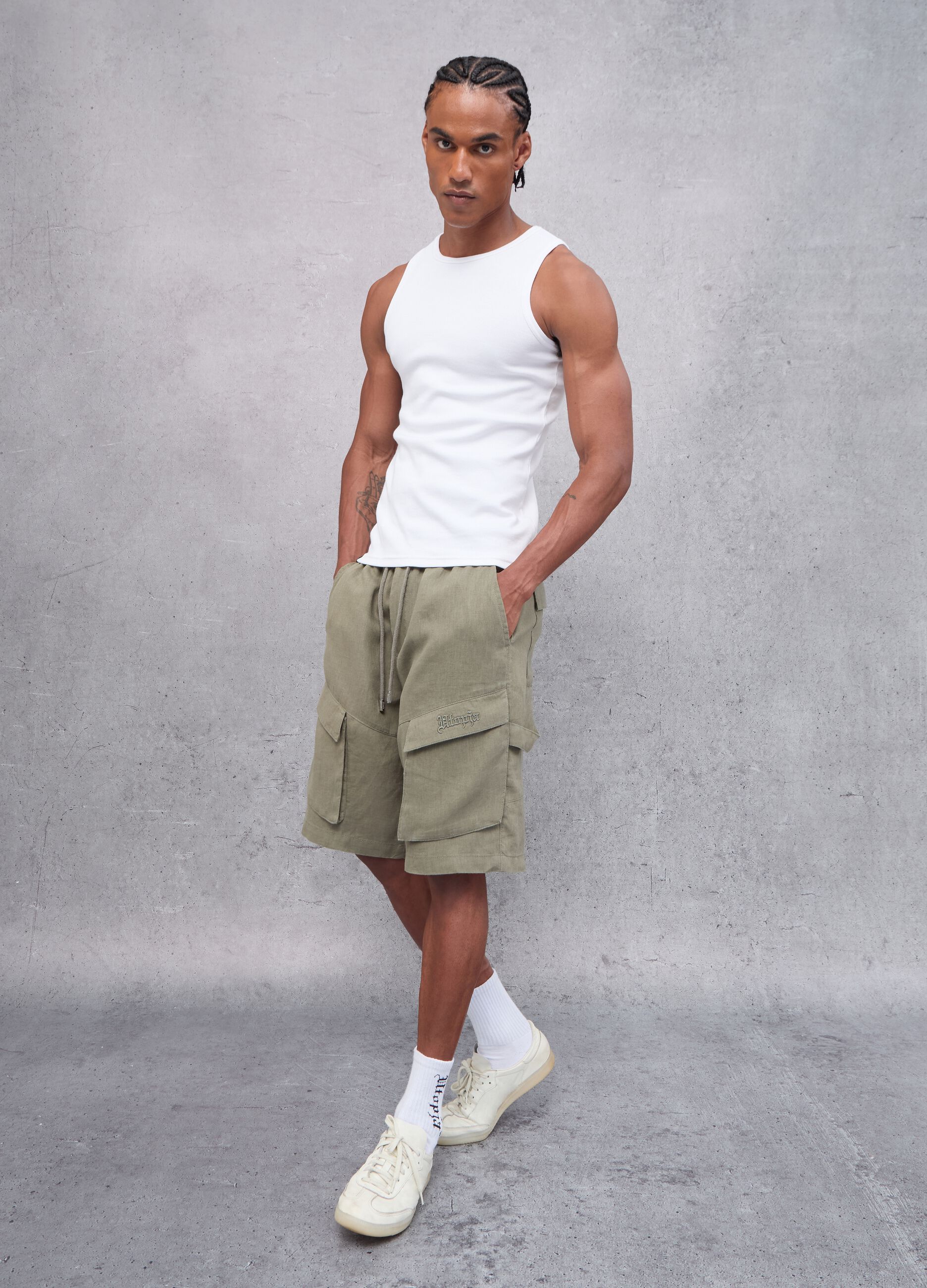 100% Linen Cargo Shorts Military Green