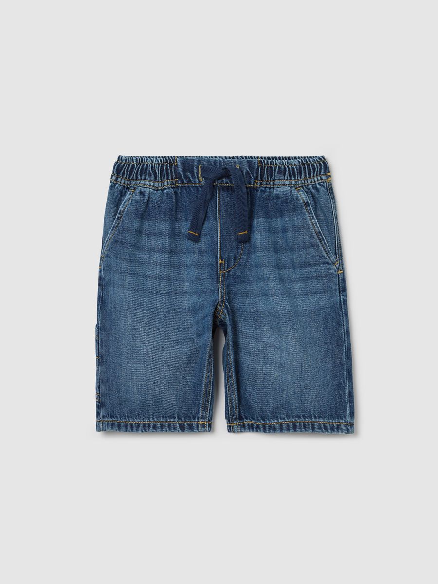 Denim Bermuda joggers with pockets and drawstring_0