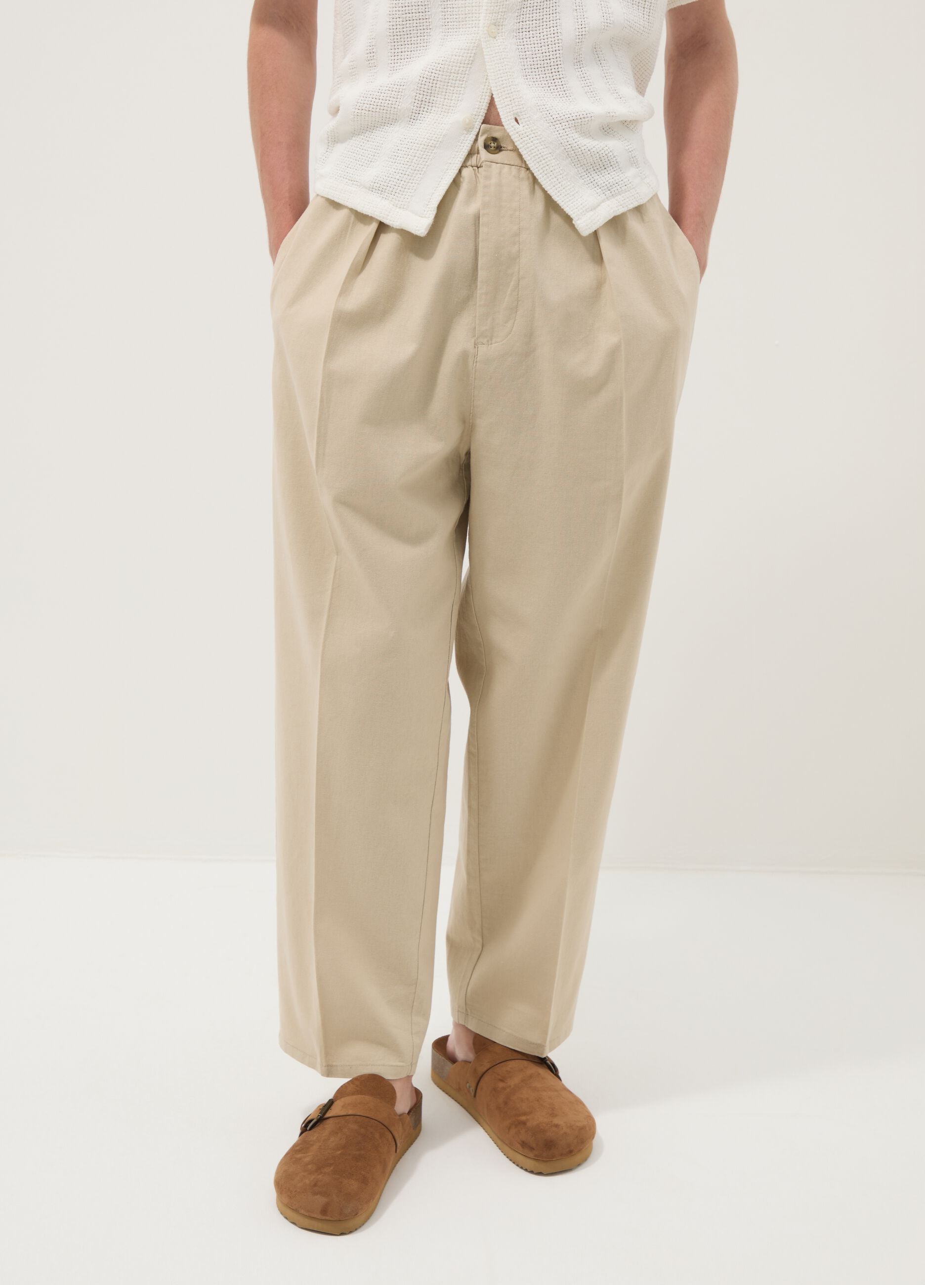 Beige linen-cotton blend trousers with an elasticated waist