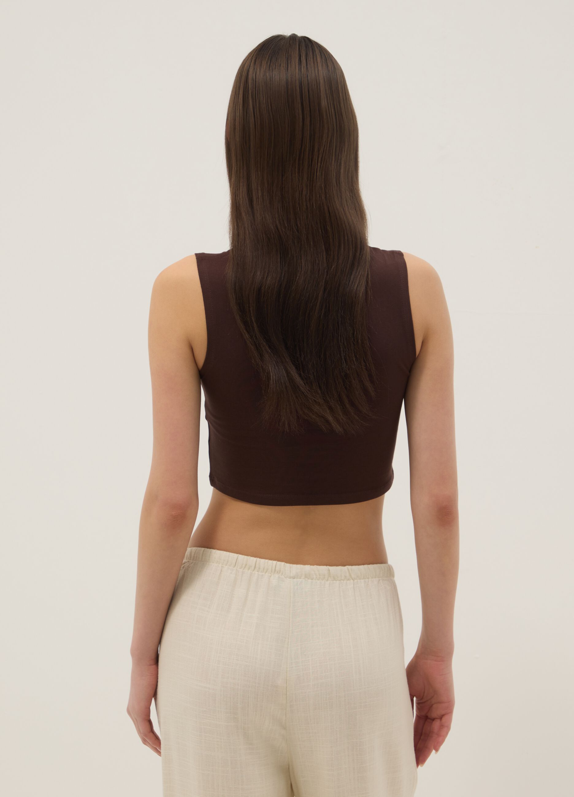 Brown stretch cotton regular-fit tank top with print