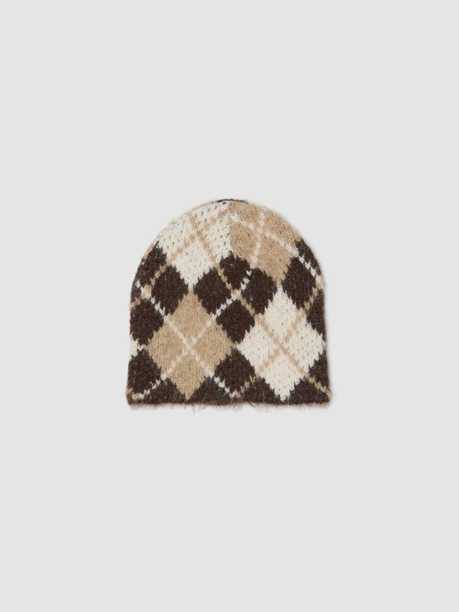 Cappello beige in lana elasticizzato a rombi_0