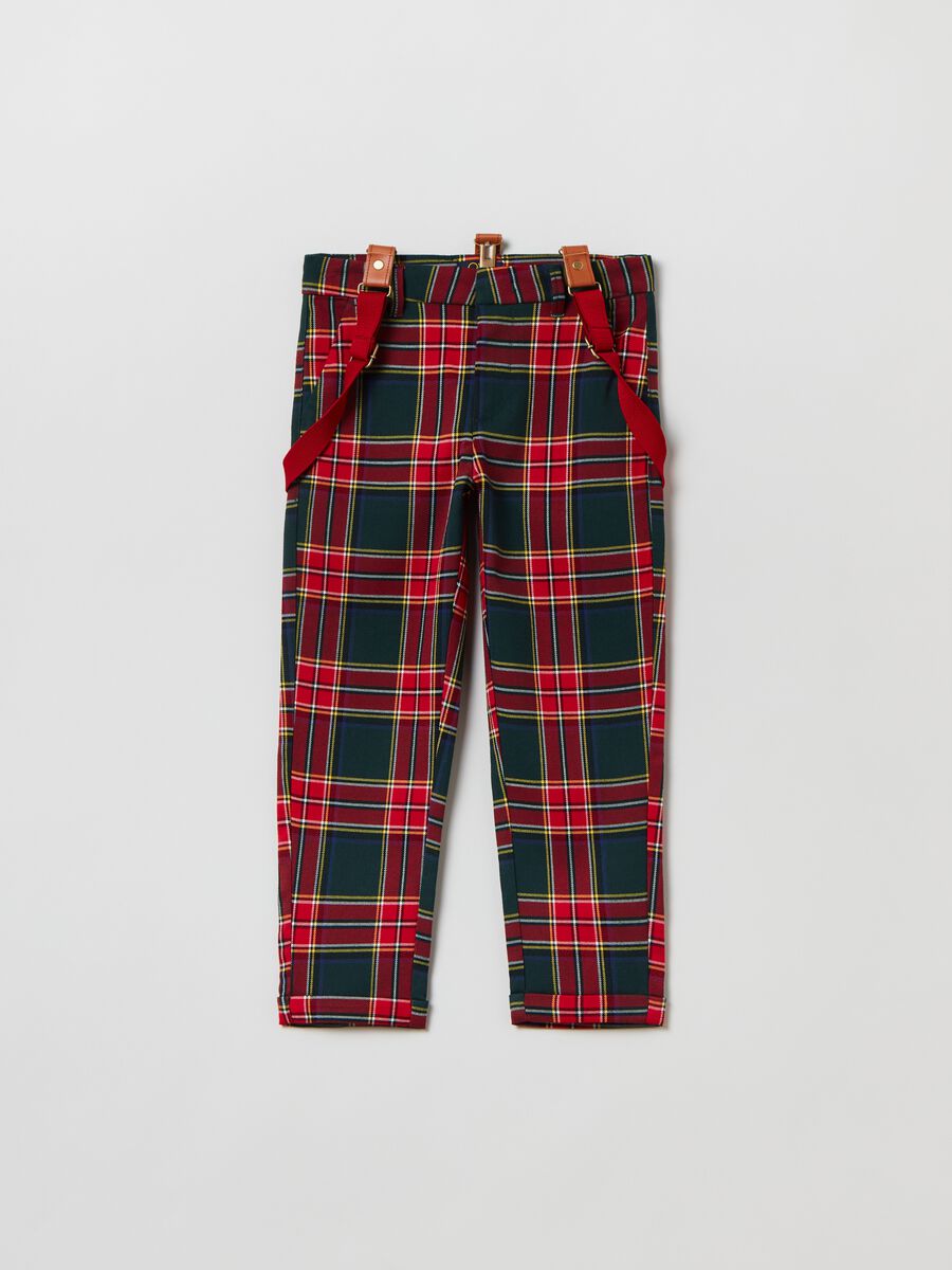 Pantaloni in fantasia tartan con bretelle_0