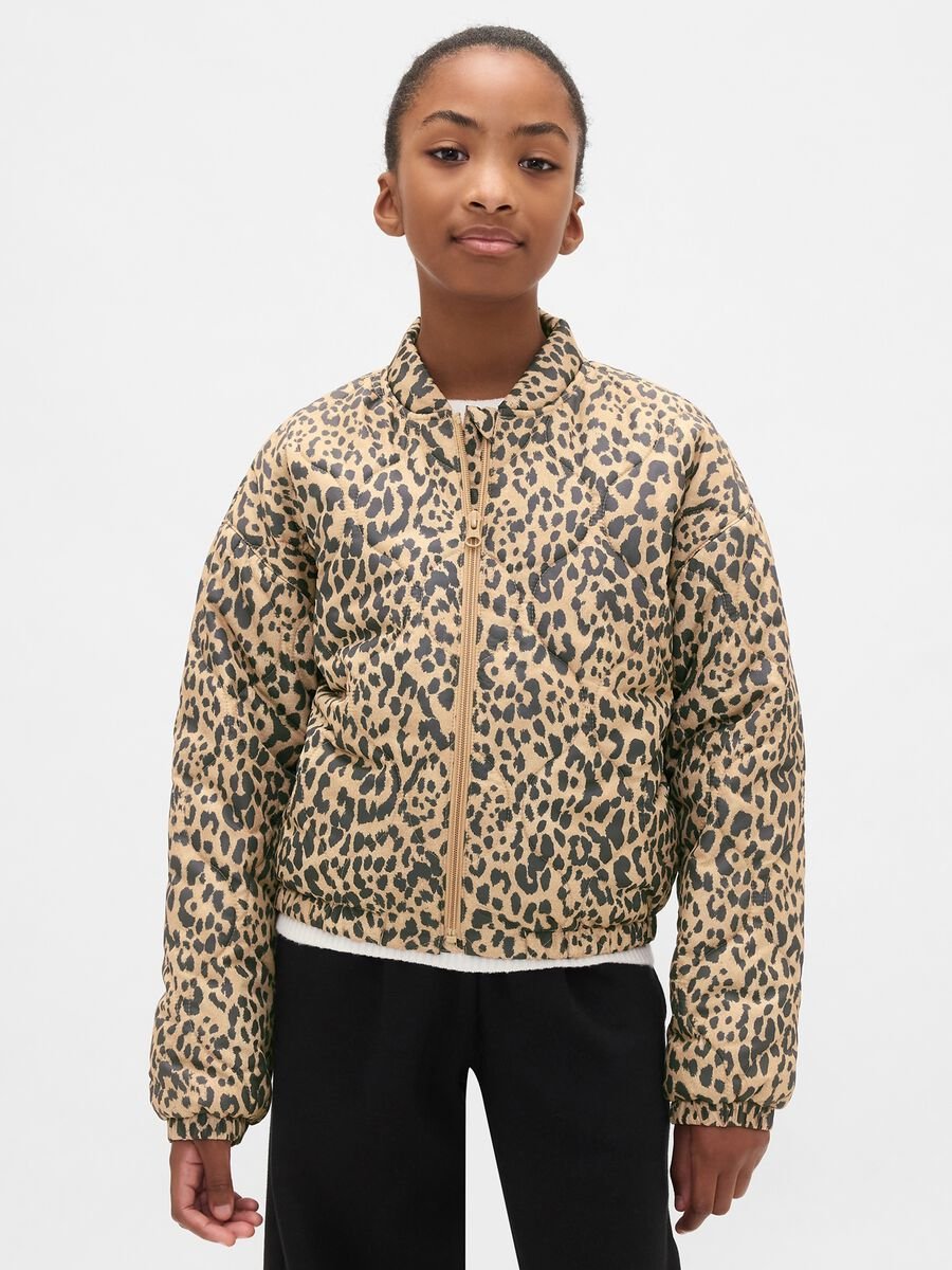 Beige Leopard Print Bomber Jacket_0