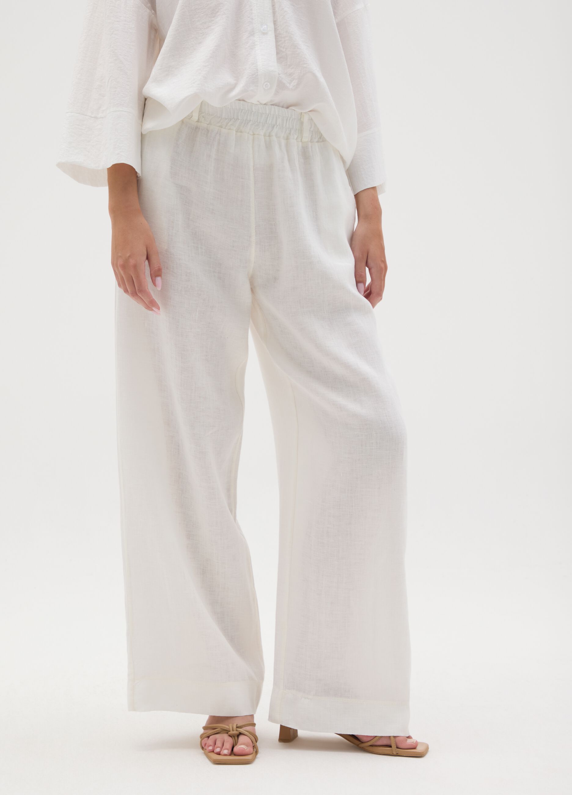 Pantaloni da donna in puro lino bianco regular fit