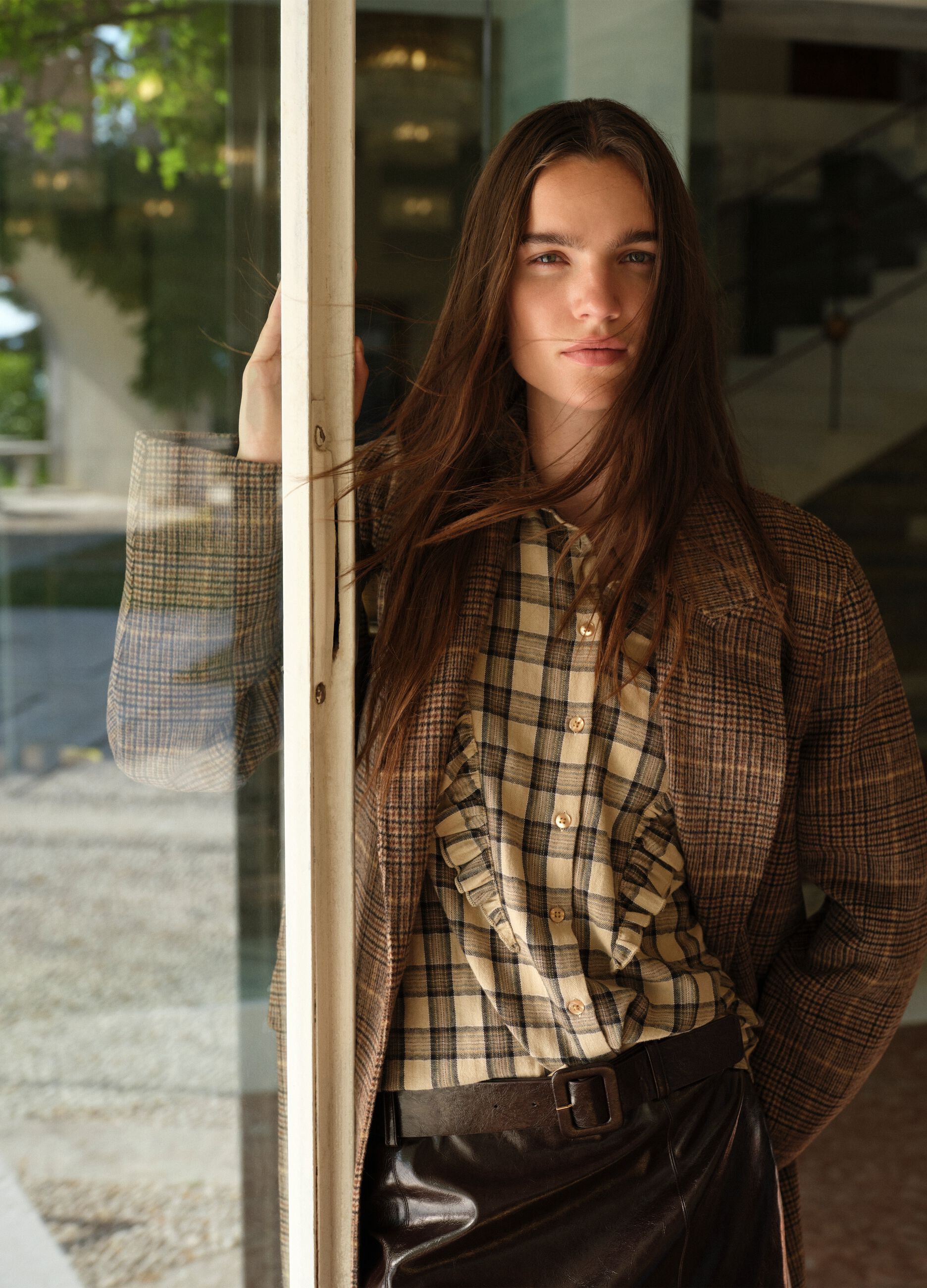 Multicolored check shirt with ruffles in pure cotton regular fit