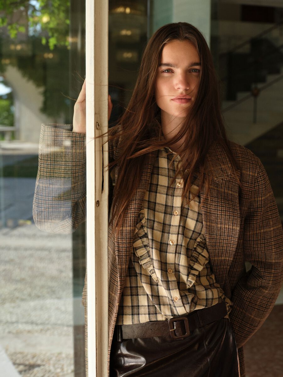 Camicia a quadri multicolor con volant in puro cotone regular fit _0