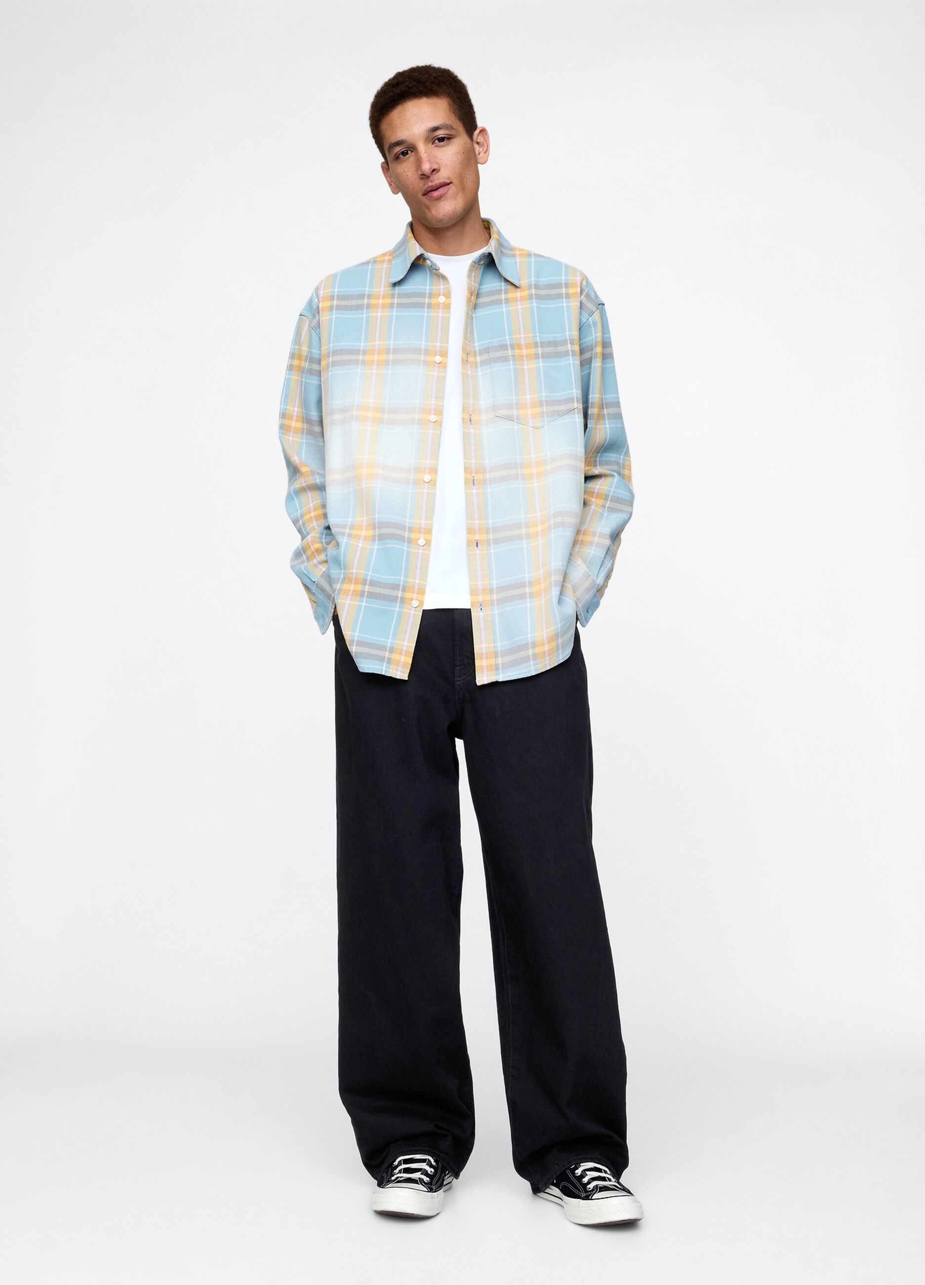 Blue and yellow plaid cotton shirt