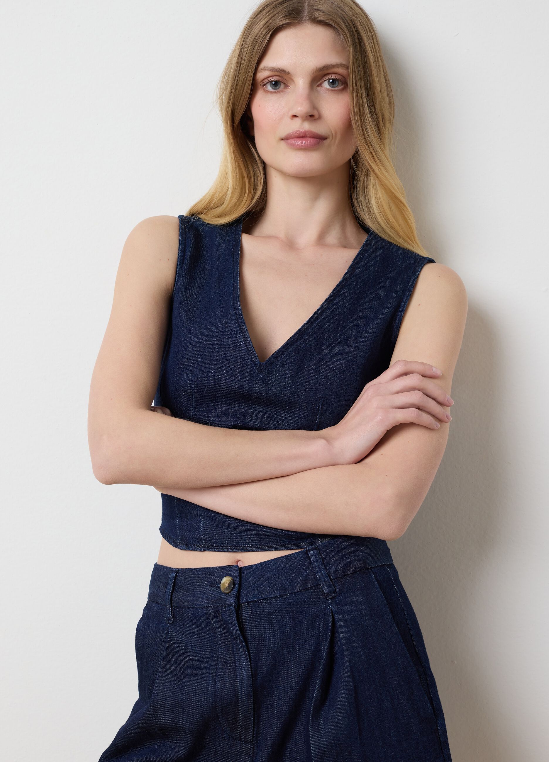 Top da donna in puro cotone denim