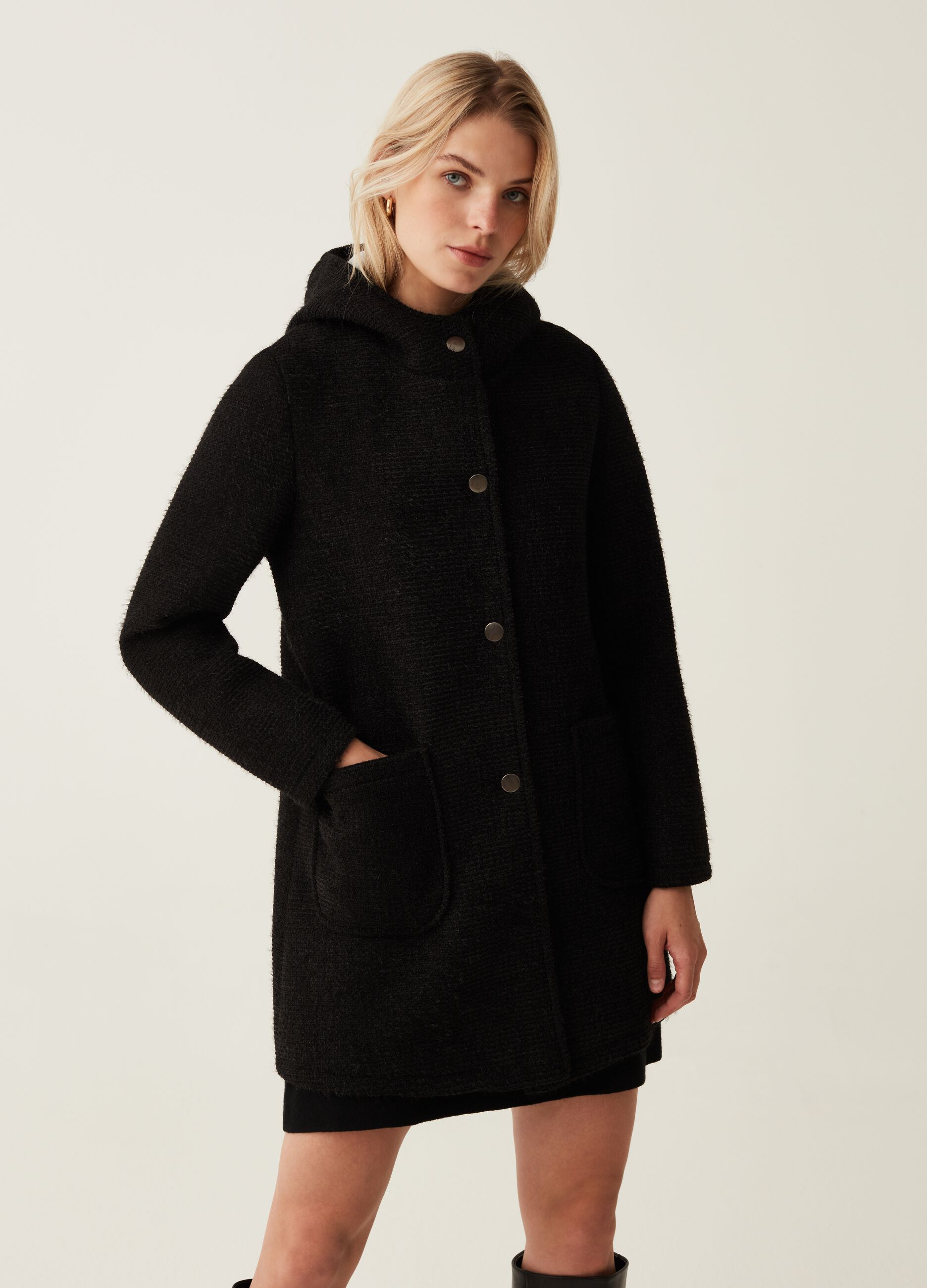 Giacca lunga effetto tweed con cappuccio_1