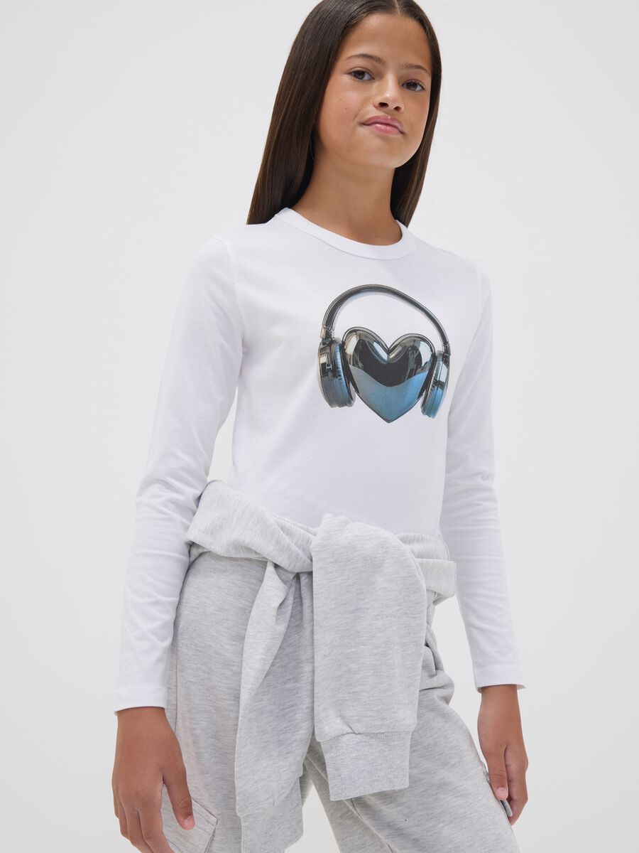 T-shirt bianca in puro cotone organico con collo a costine per ragazza_0