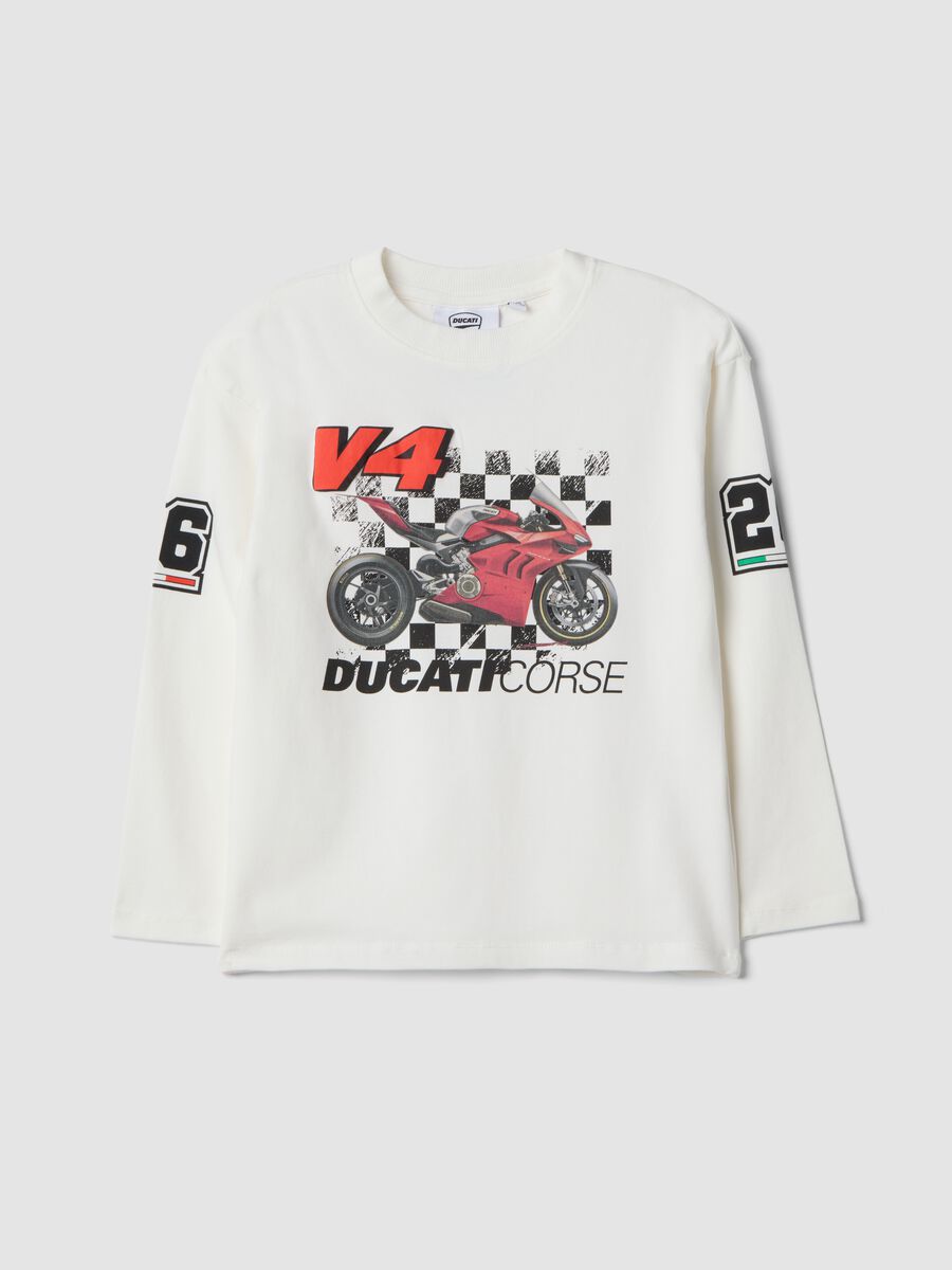 T-shirt bianca in cotone elasticizzato con stampa Ducati per bambino_0