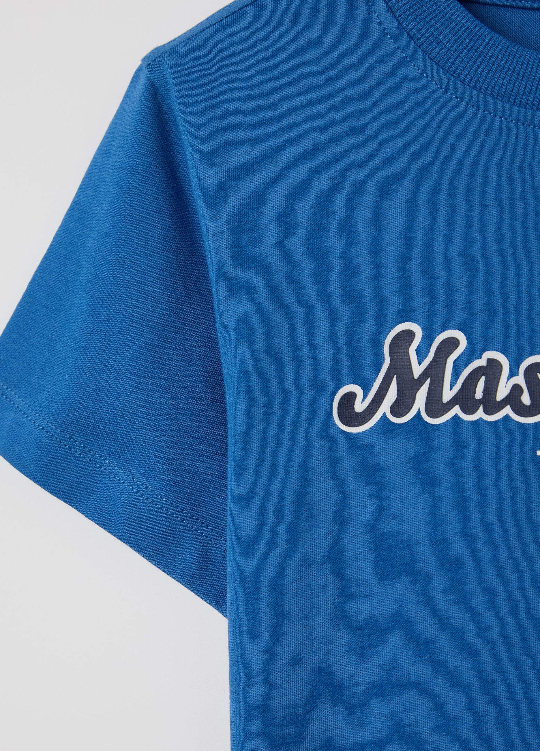 Blue cotton T-shirt with lettering print