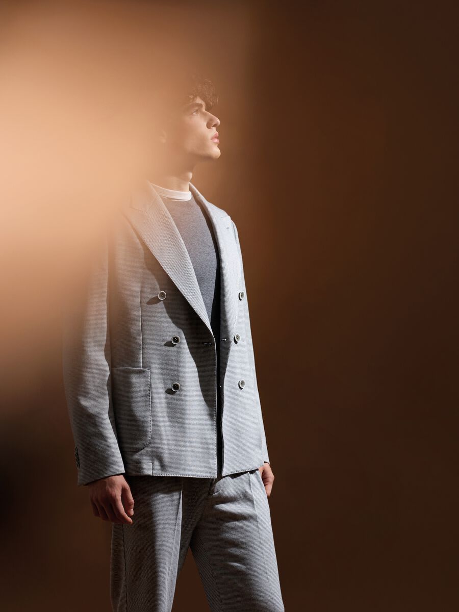 Blazer in misto cotone a quadri slim fit con bottoni_0