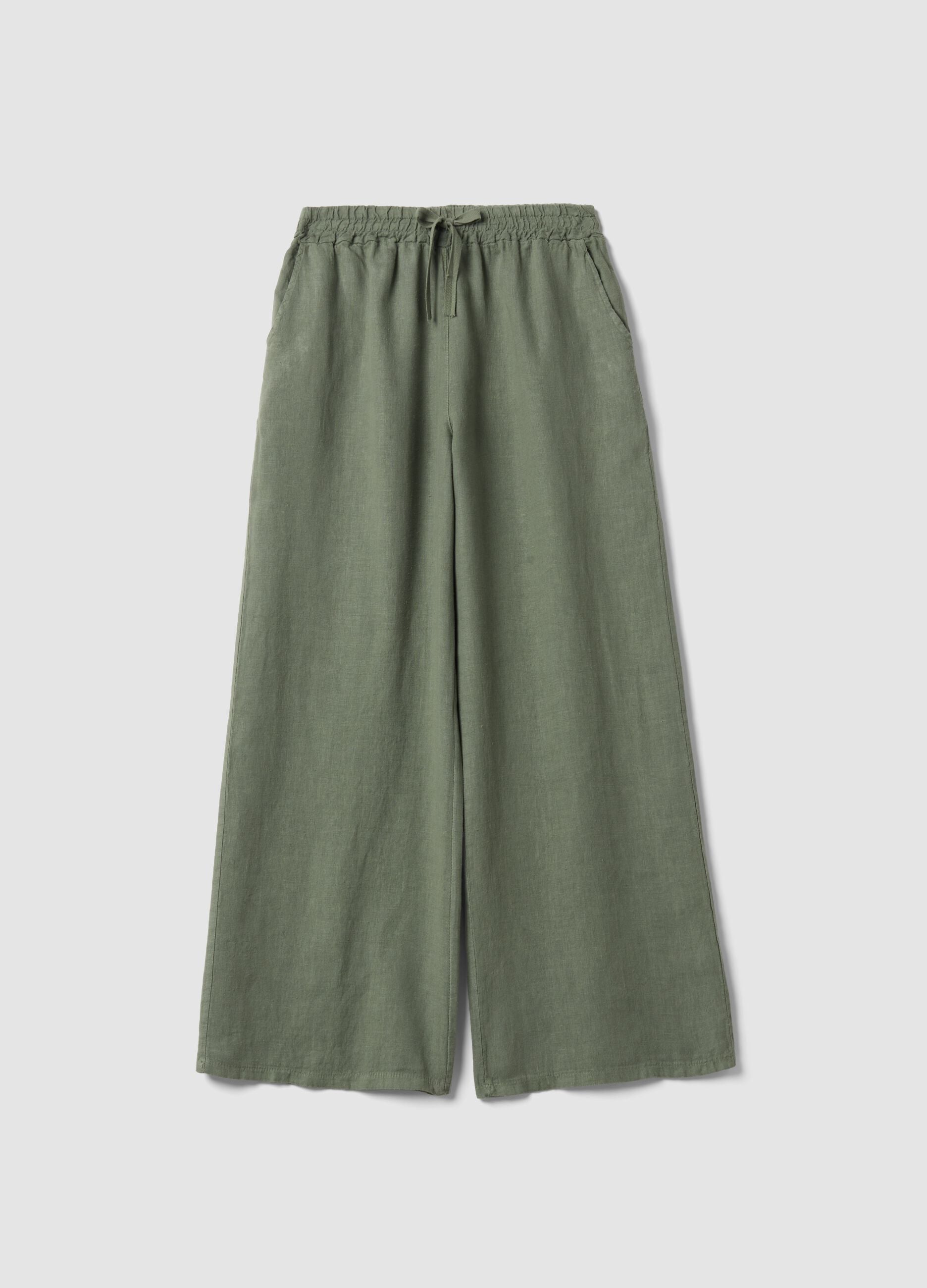 Green pure linen trousers with drawstring