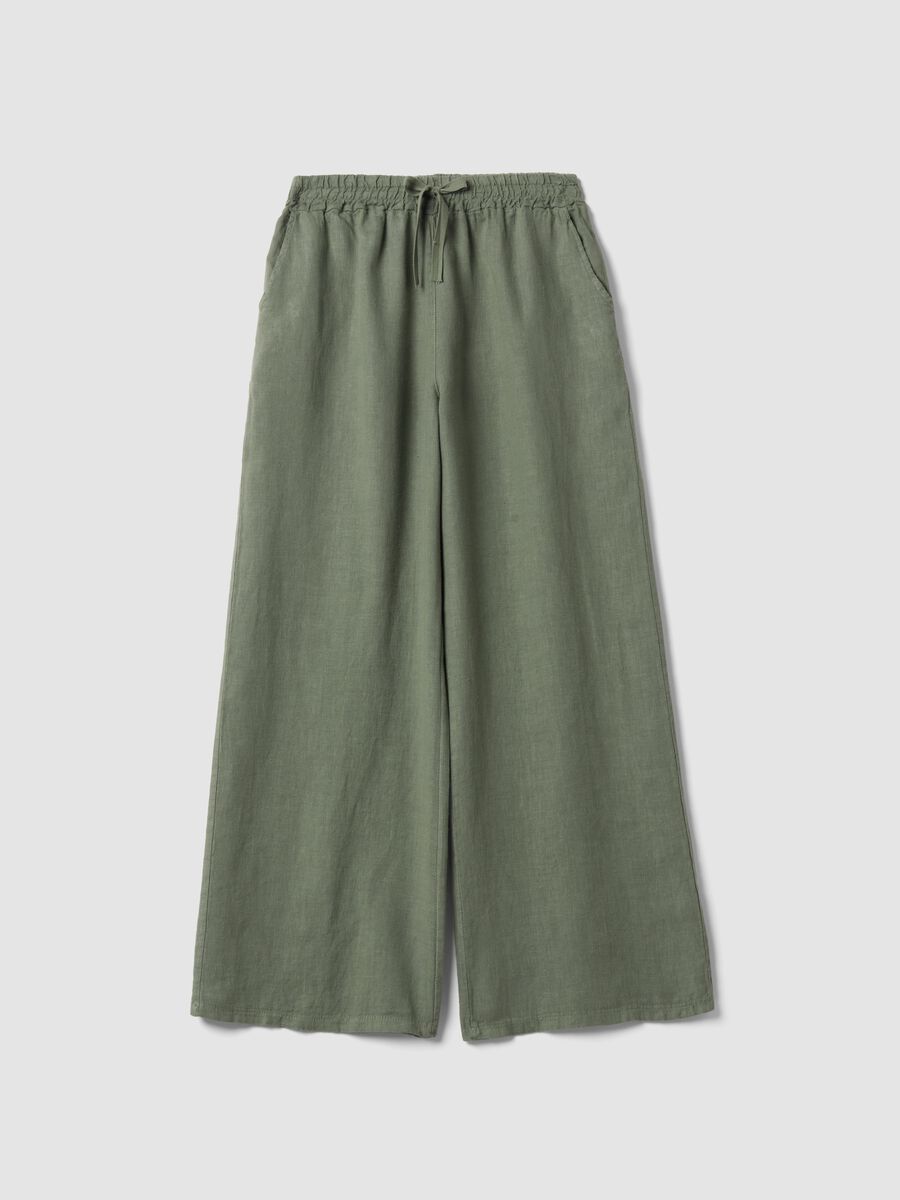 Green pure linen trousers with drawstring_0