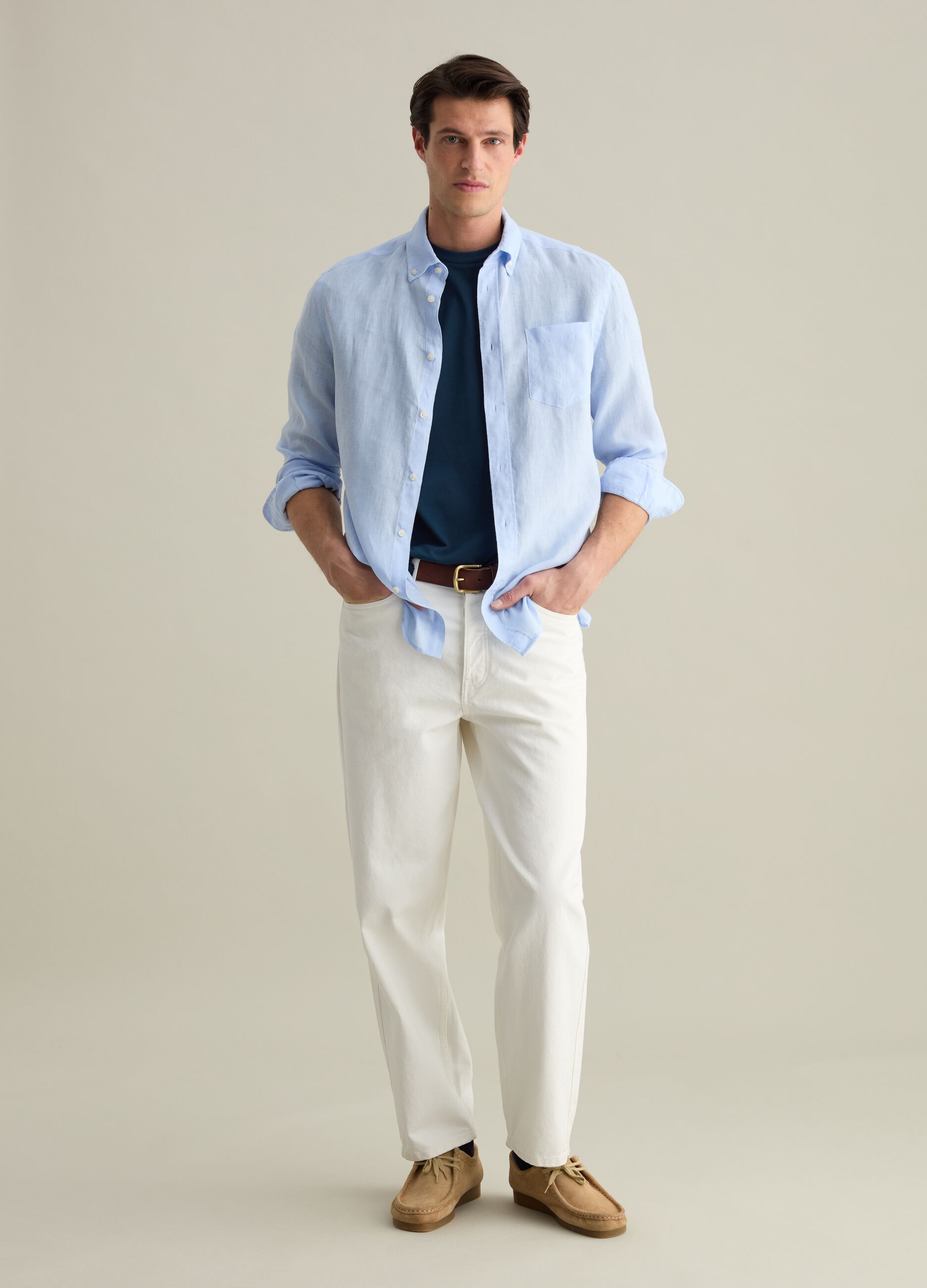 Camicia regular fit in lino con tasca