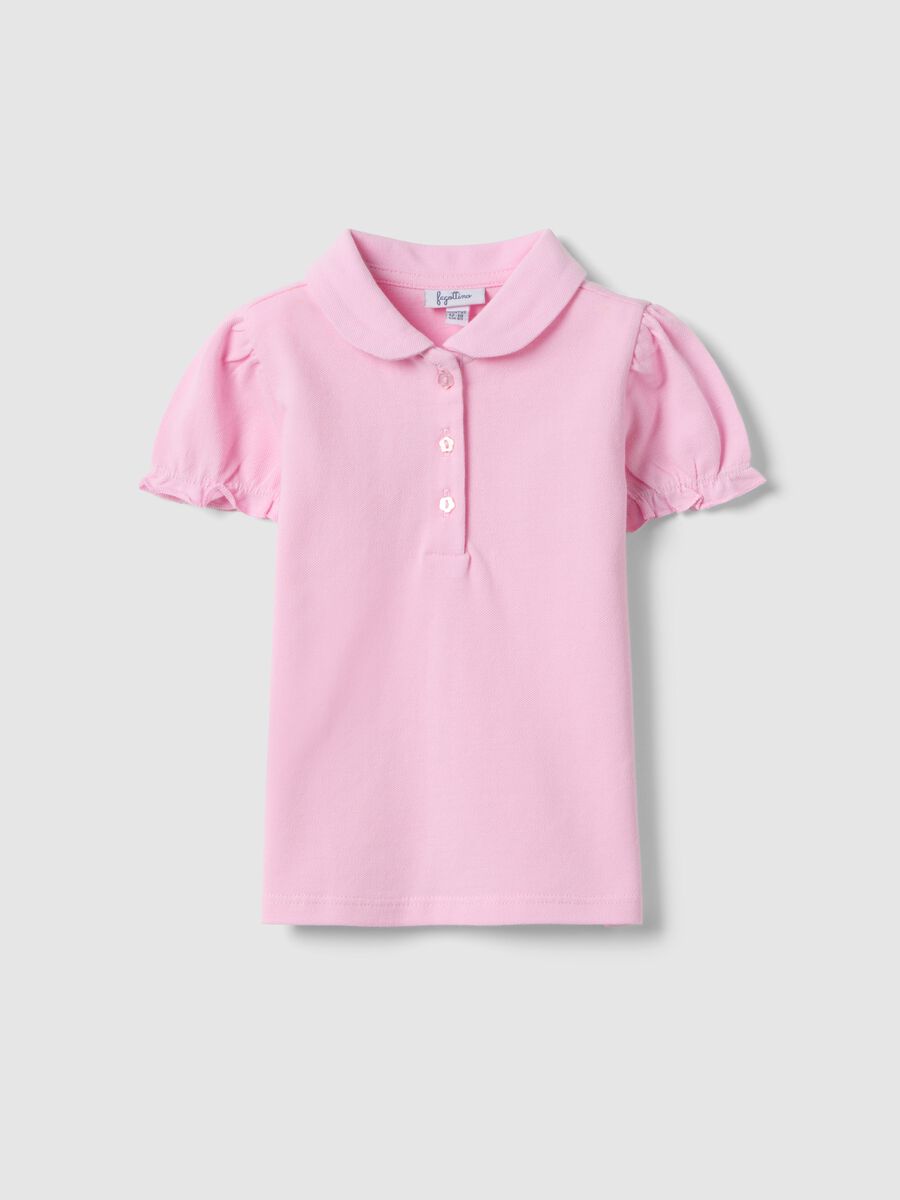 Girls' pink pure cotton polo with regular fit and ruched sleeves_0